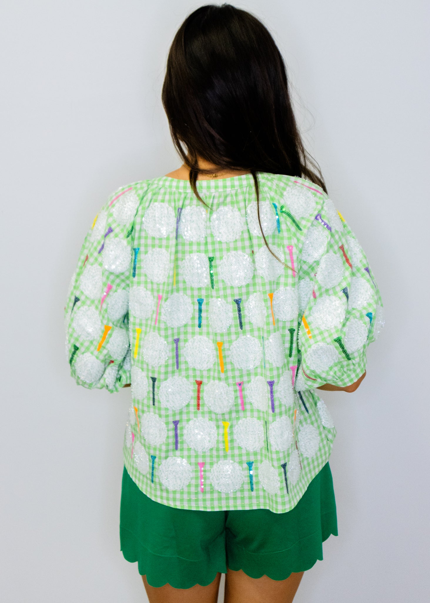 Green & White Gingham Golf Ball & Golf Tee Button Up Cotton Top