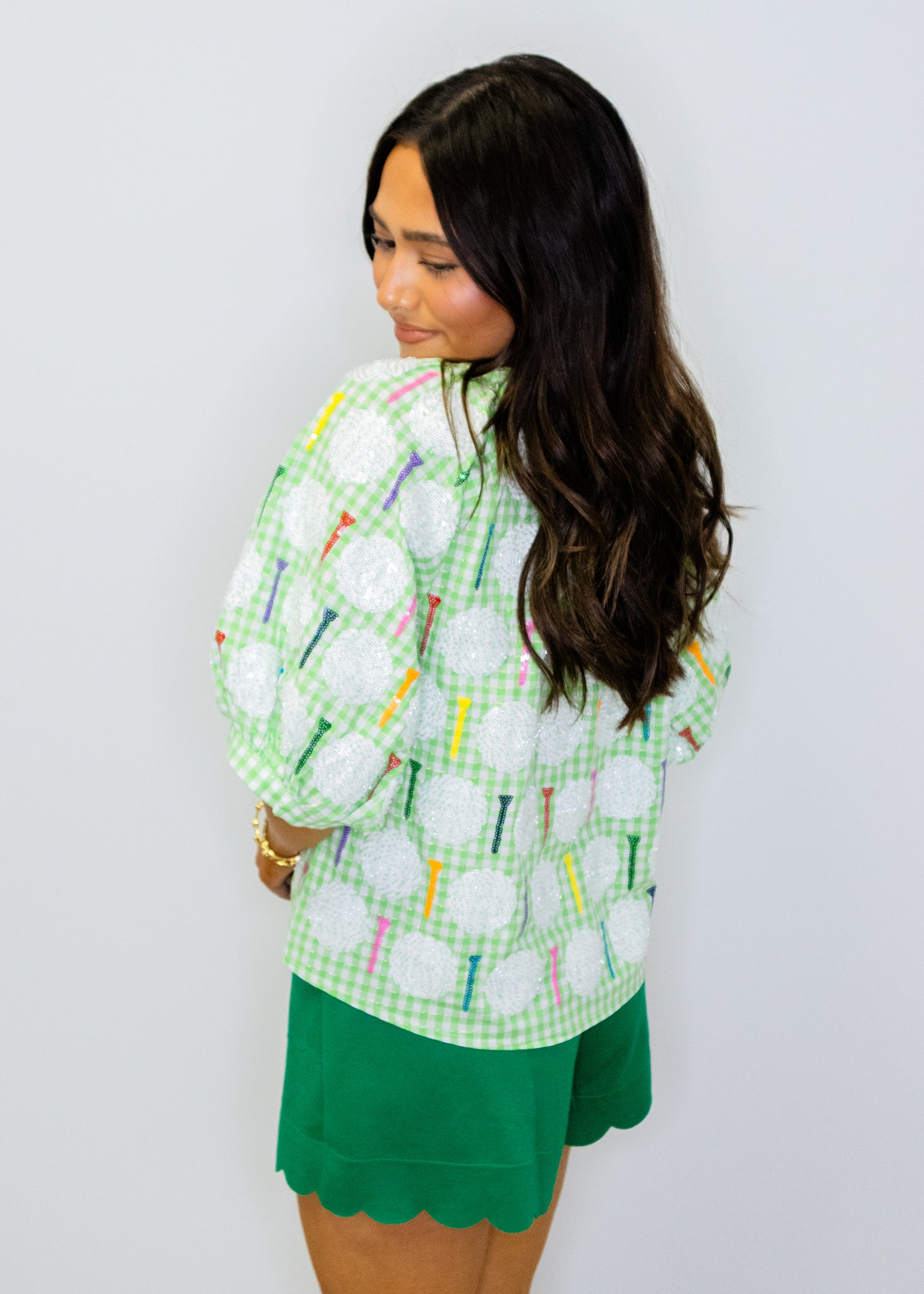 Green & White Gingham Golf Ball & Golf Tee Button Up Cotton Top