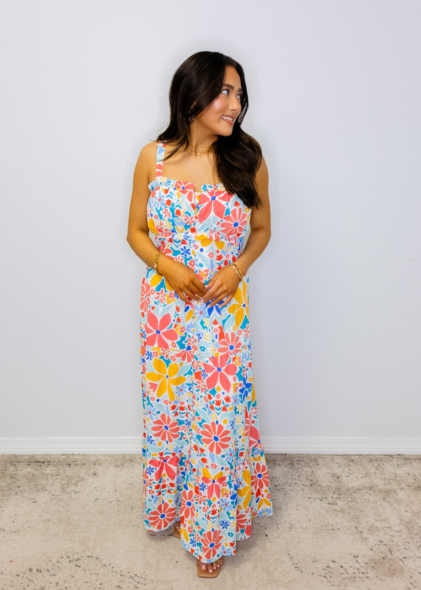 White Multi Floral Tiered Maxi Dress