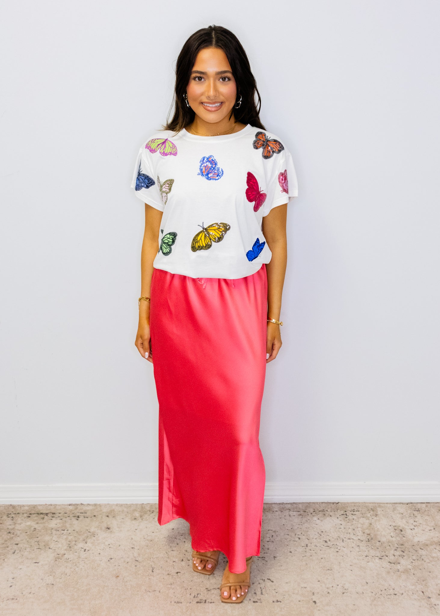 Guava Satin Midi Skirt