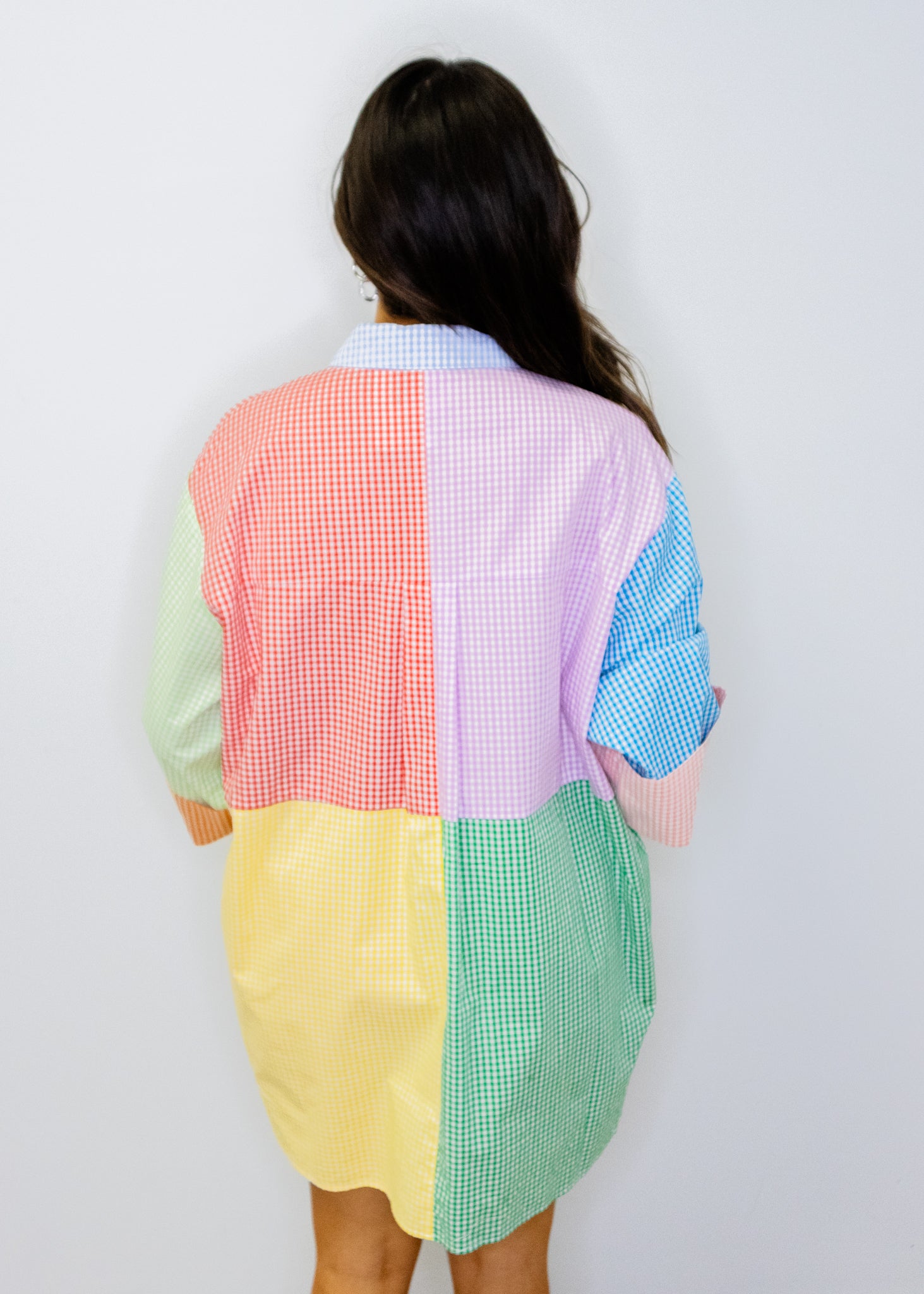 Colorblock Gingham Queen Card Logo Button Up Cotton Tunic