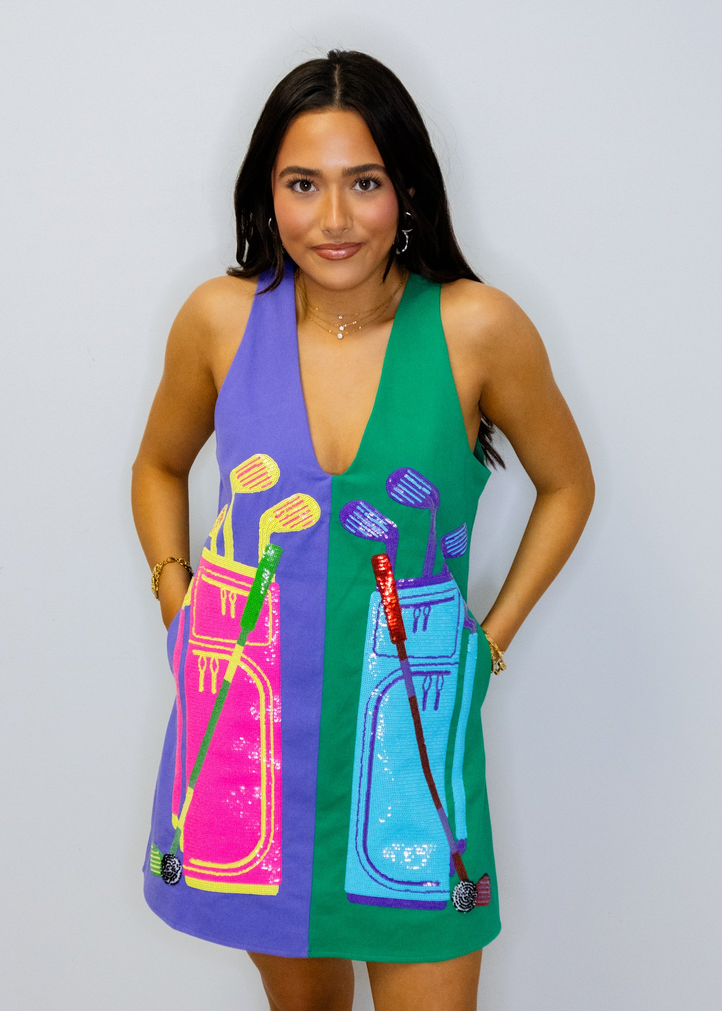 Green & Purple Colorblock Golf Clubs Tank Dress