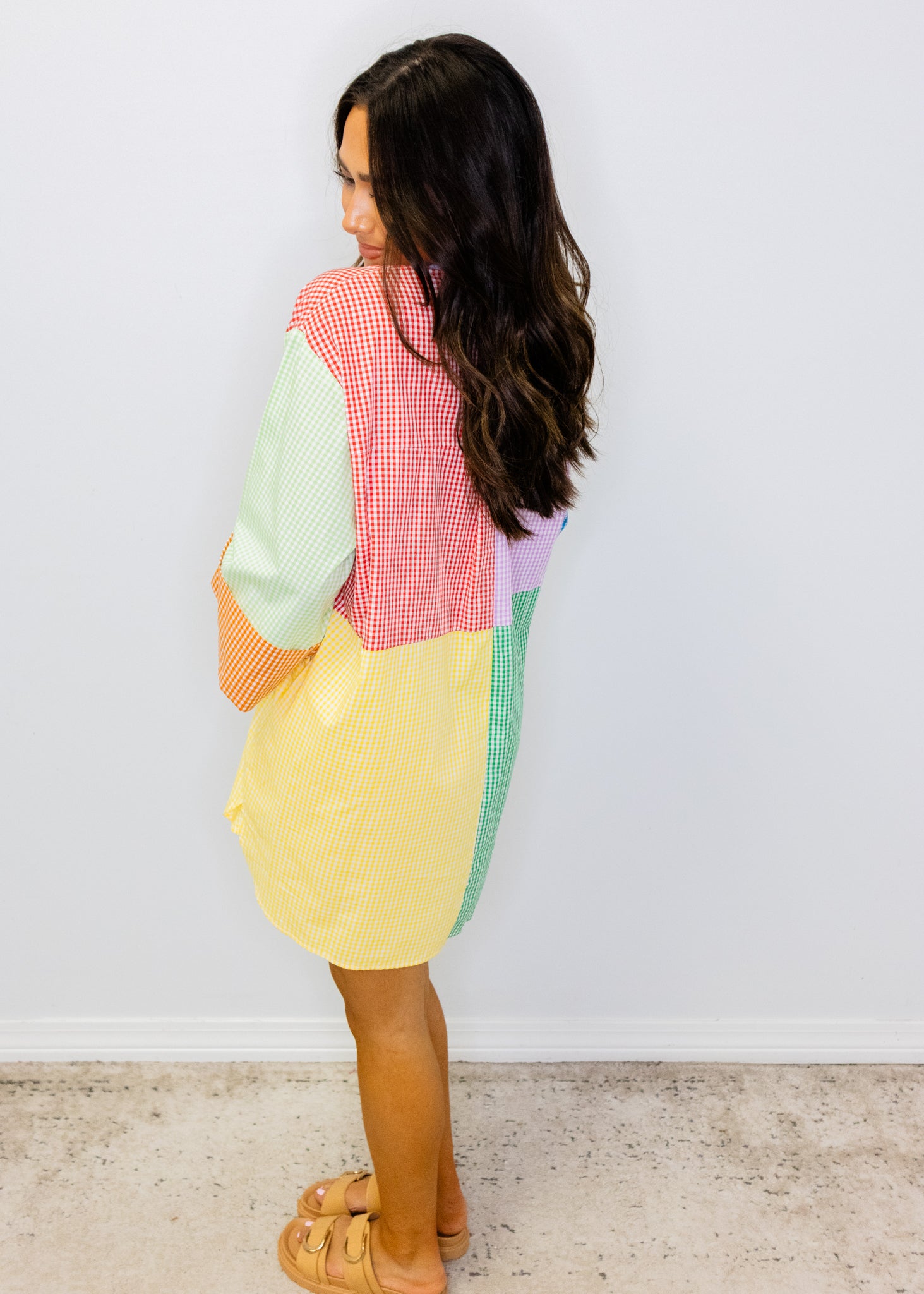 Colorblock Gingham Queen Card Logo Button Up Cotton Tunic