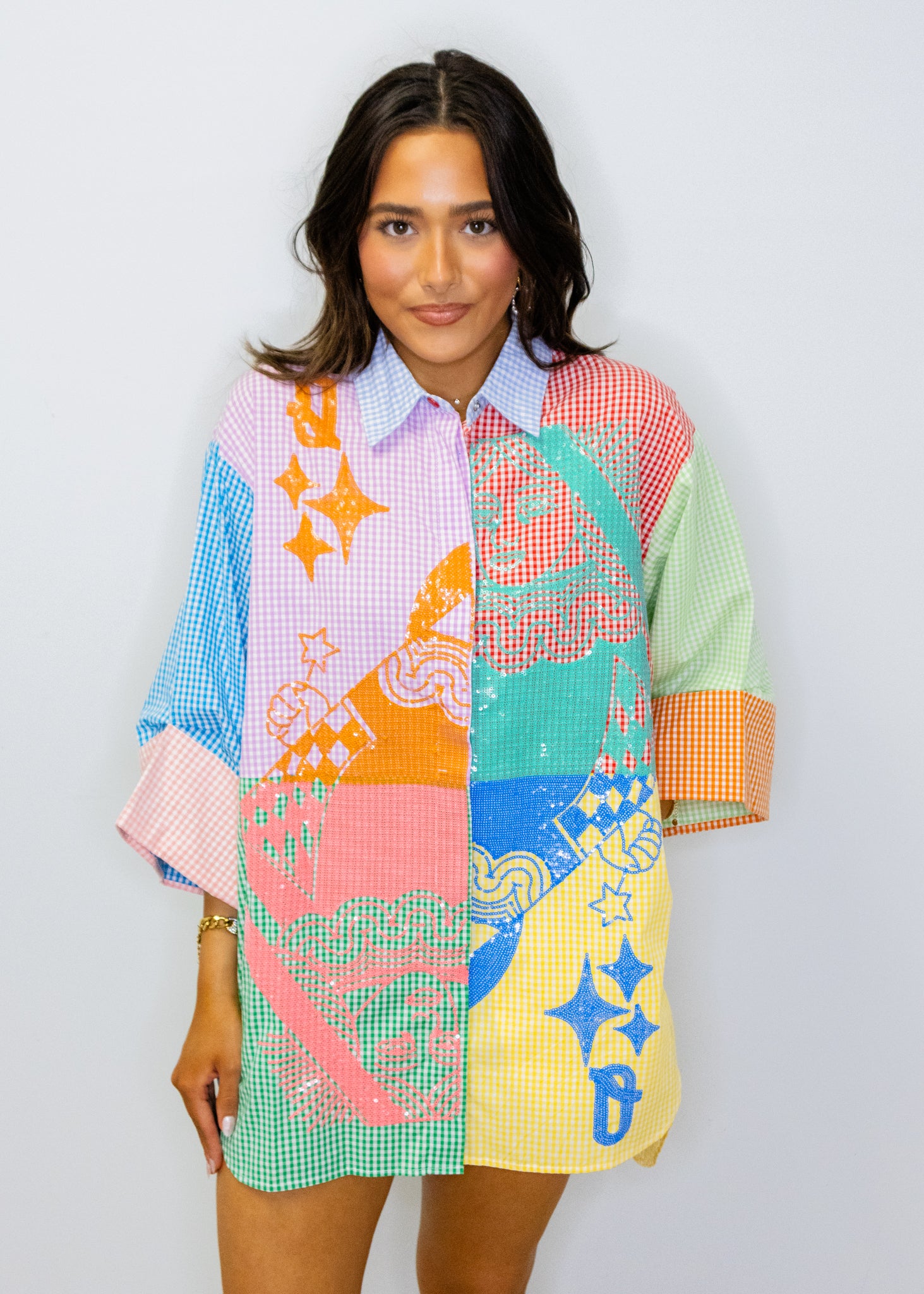 Colorblock Gingham Queen Card Logo Button Up Cotton Tunic