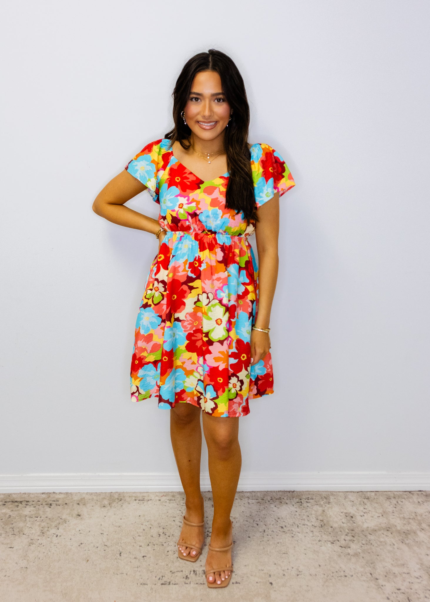 Aqua Multi Floral Flutter Sleeve Dress