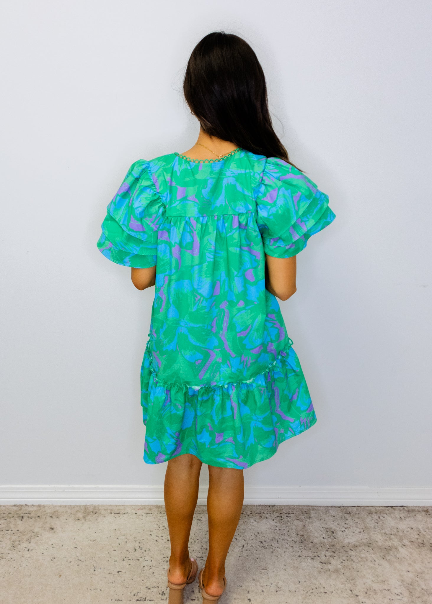 Teal Swirl Ruffle Sleeve Dress