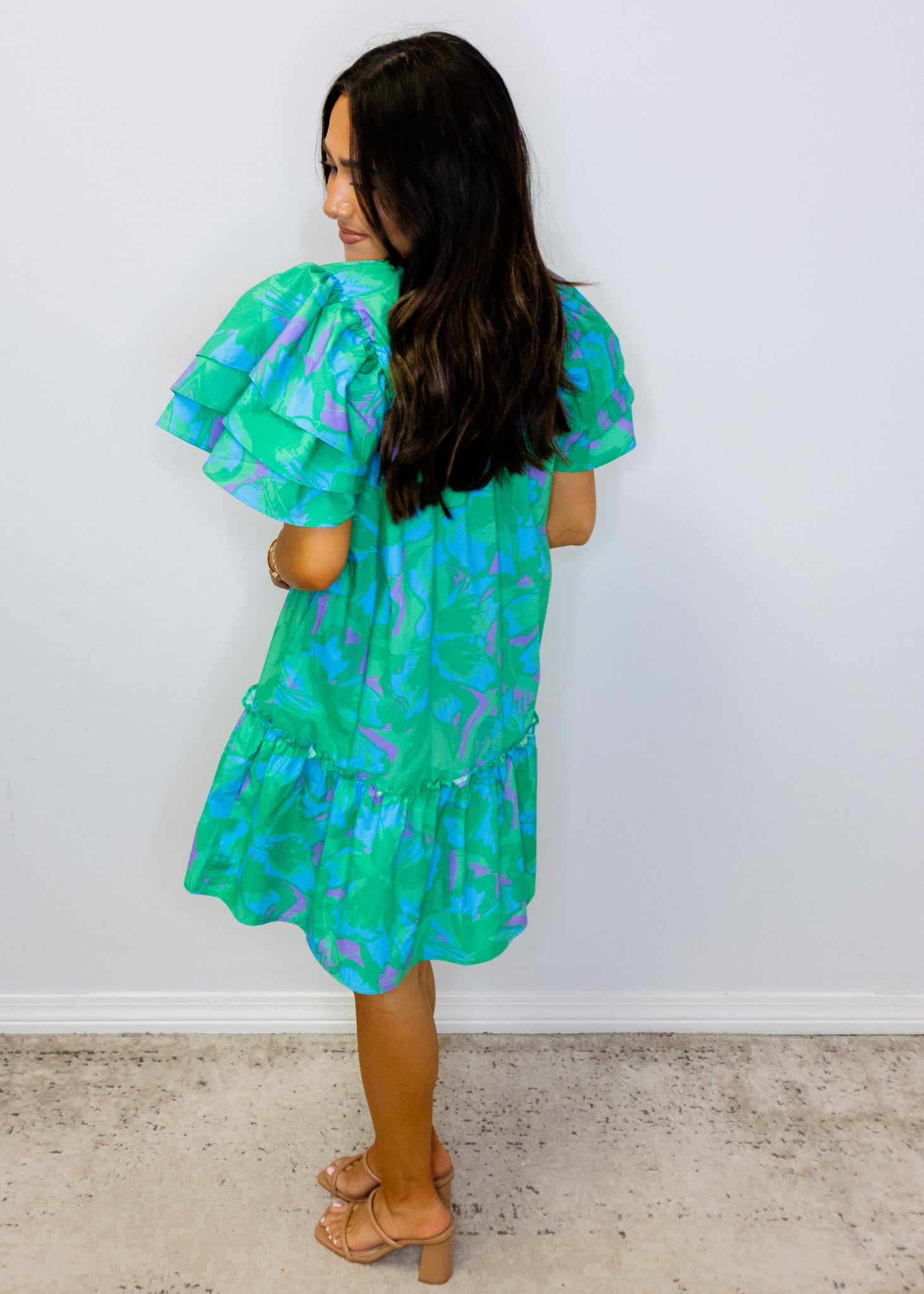 Teal Swirl Ruffle Sleeve Dress