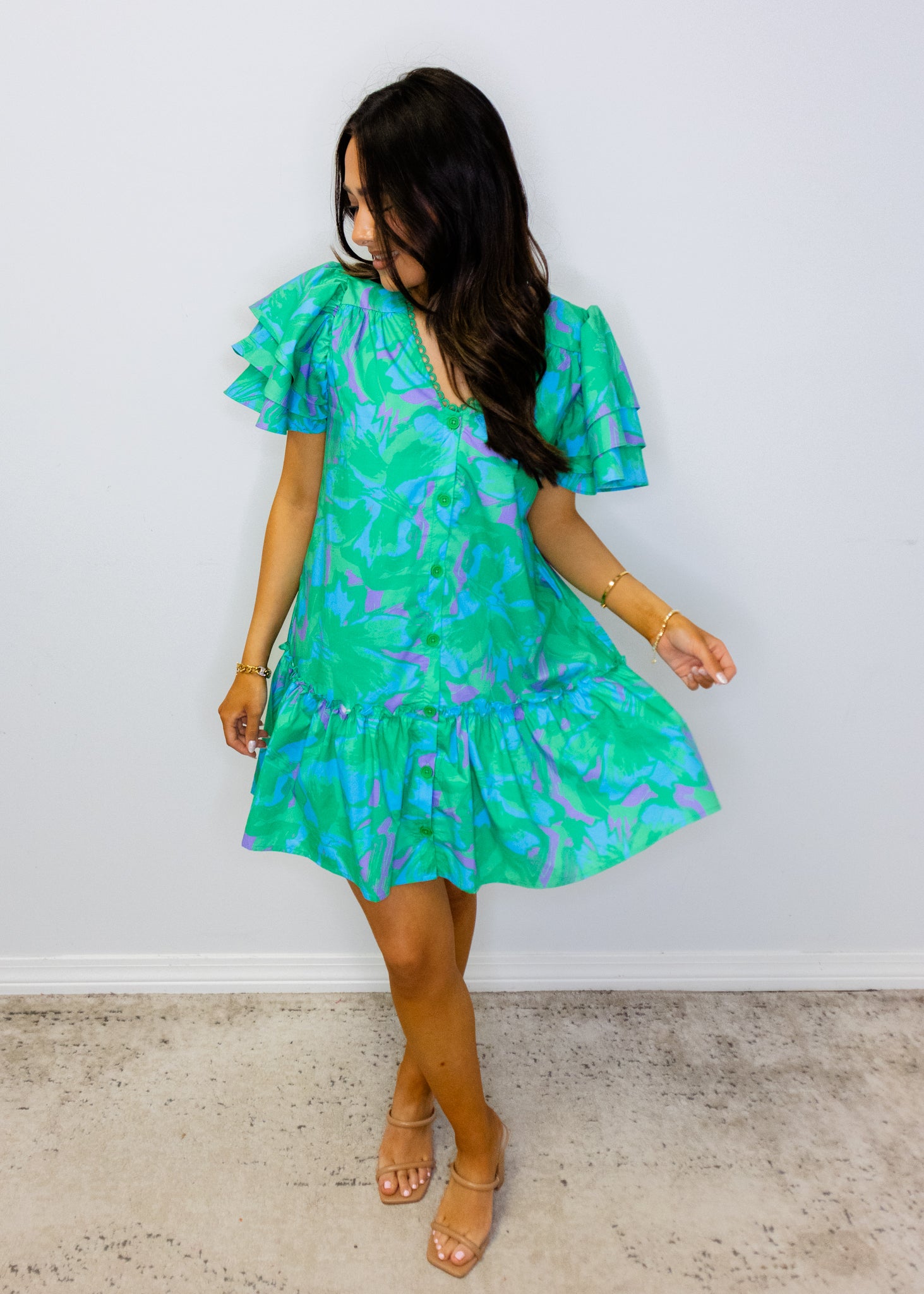 Teal Swirl Ruffle Sleeve Dress