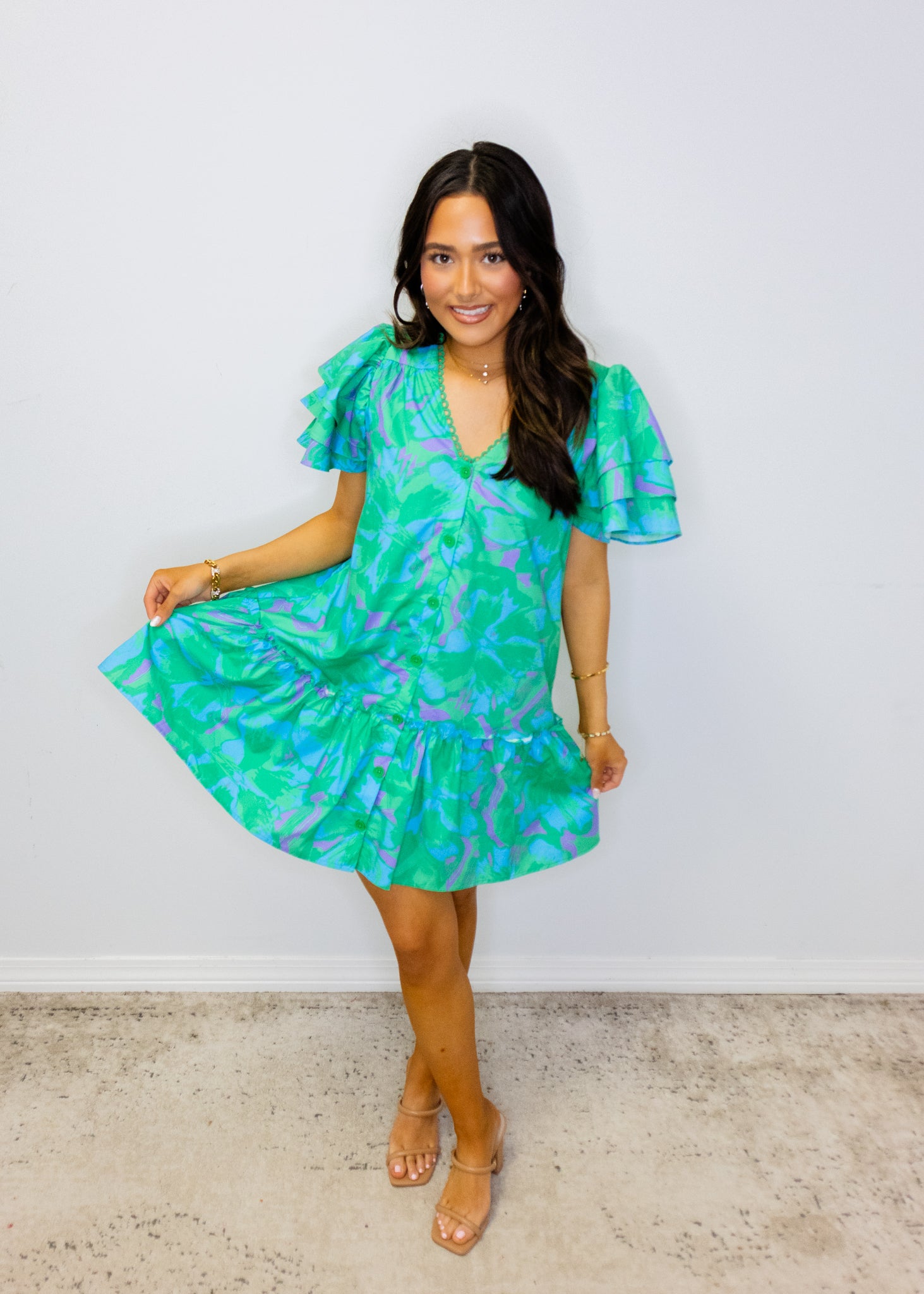 Teal Swirl Ruffle Sleeve Dress