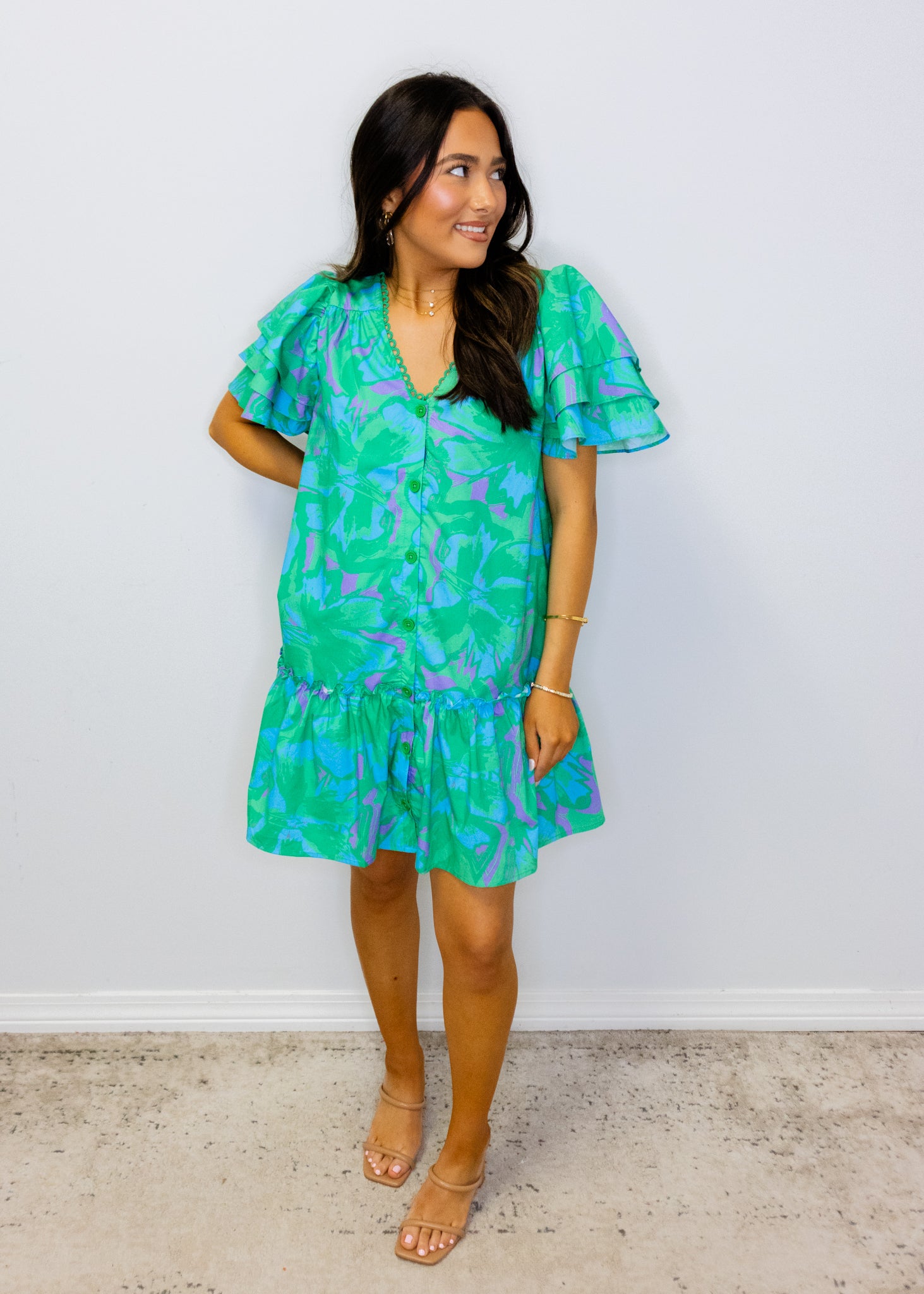 Teal Swirl Ruffle Sleeve Dress