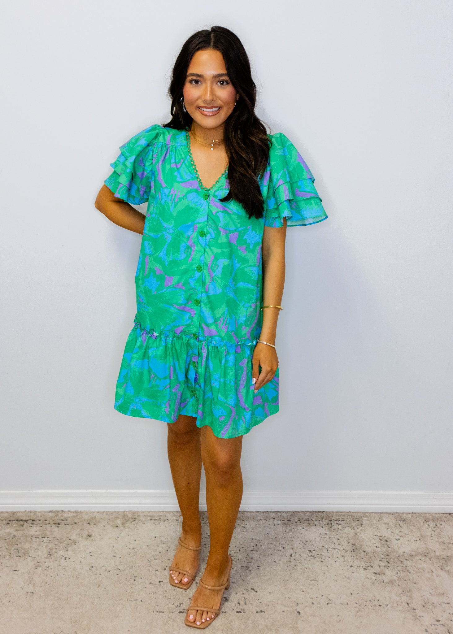 Teal Swirl Ruffle Sleeve Dress
