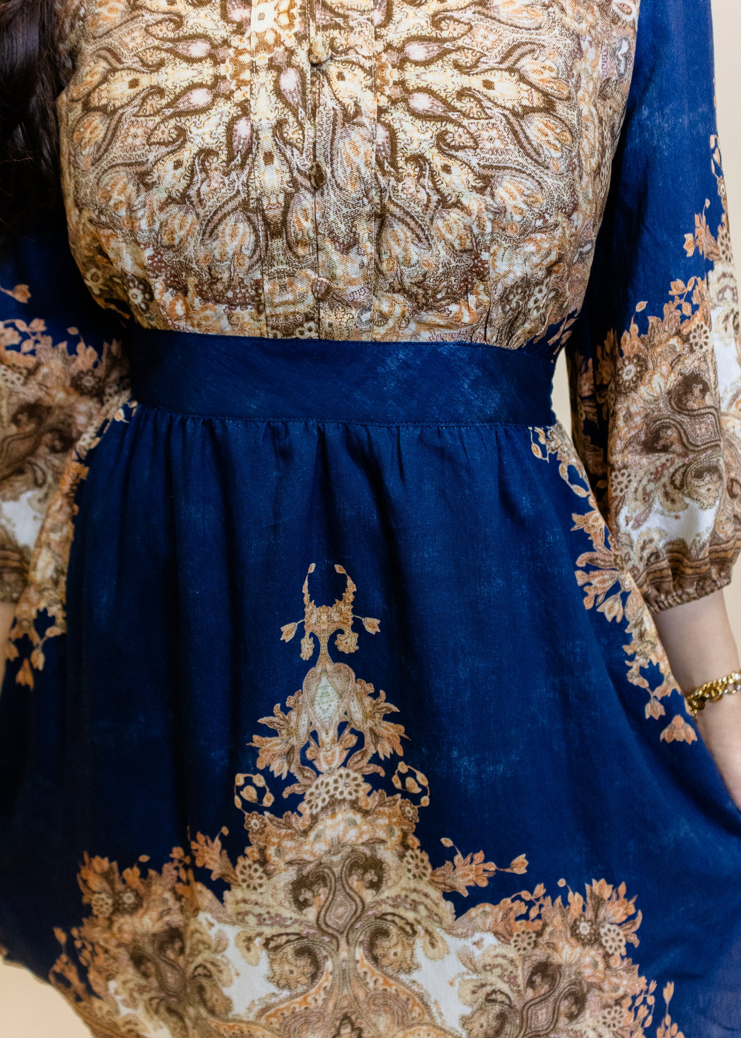 Navy & Taupe Print Satin Dress