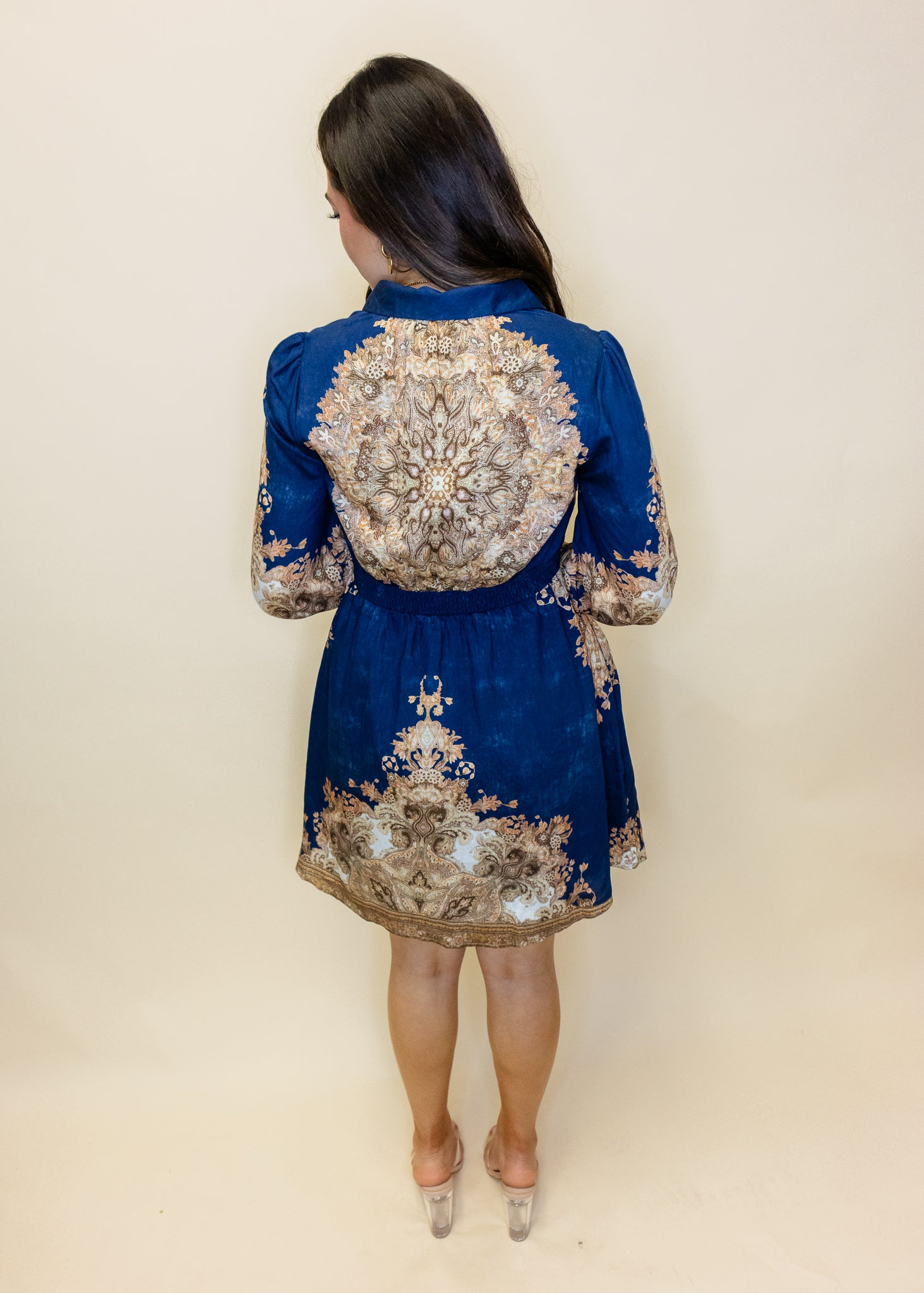 Navy & Taupe Print Satin Dress