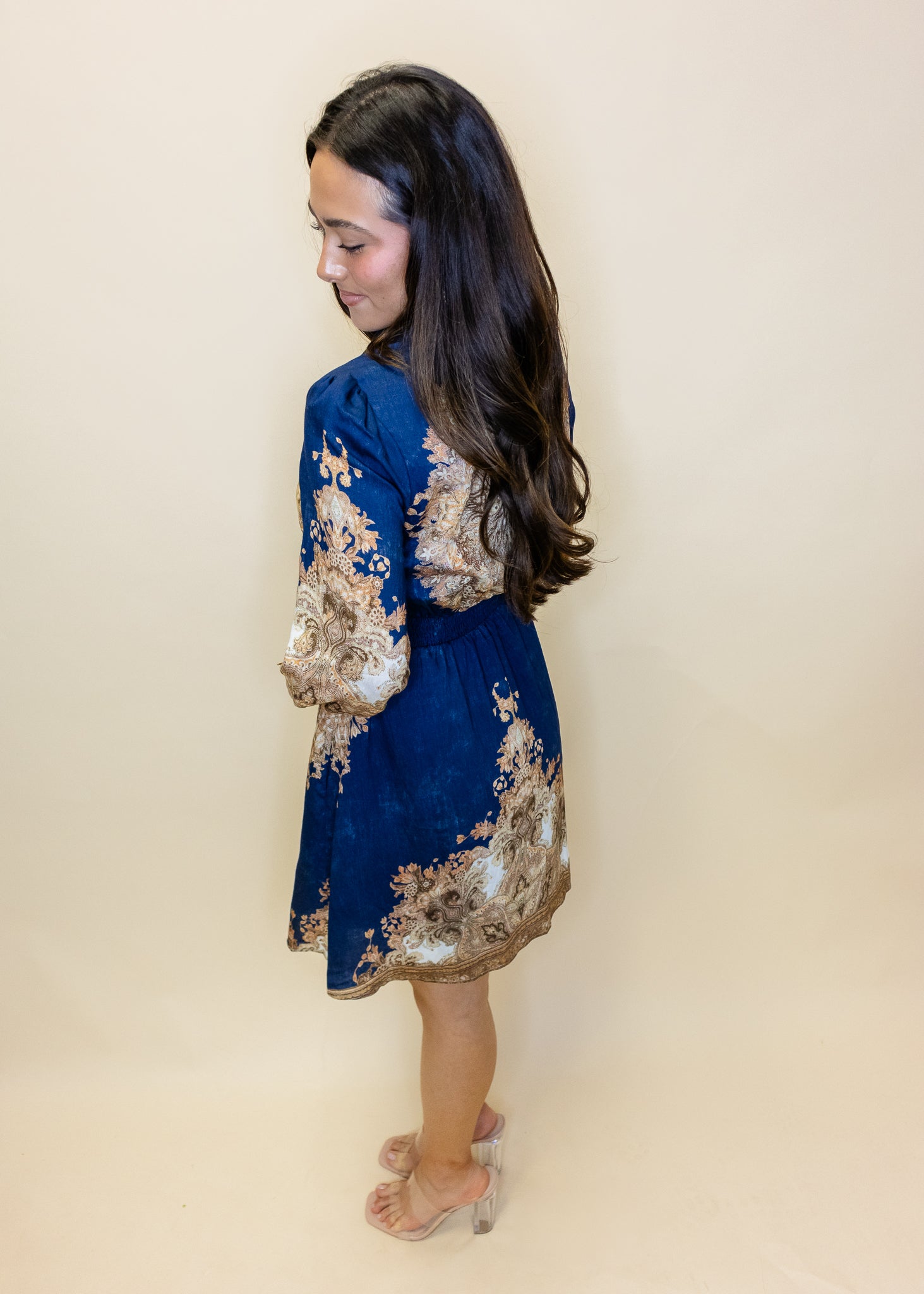 Navy & Taupe Print Satin Dress