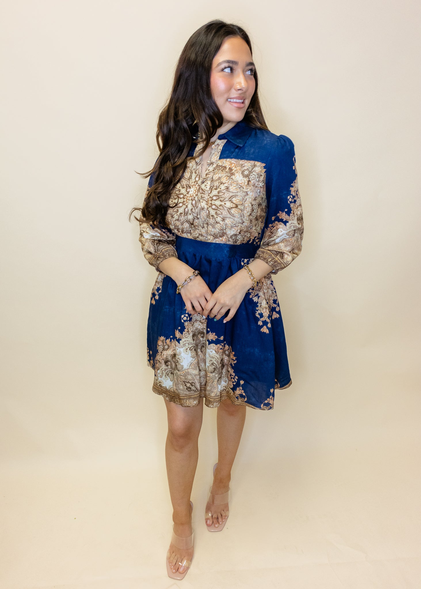 Navy & Taupe Print Satin Dress