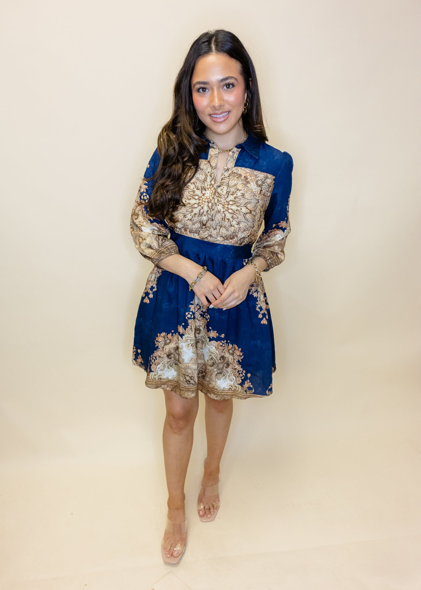 Navy & Taupe Print Satin Dress