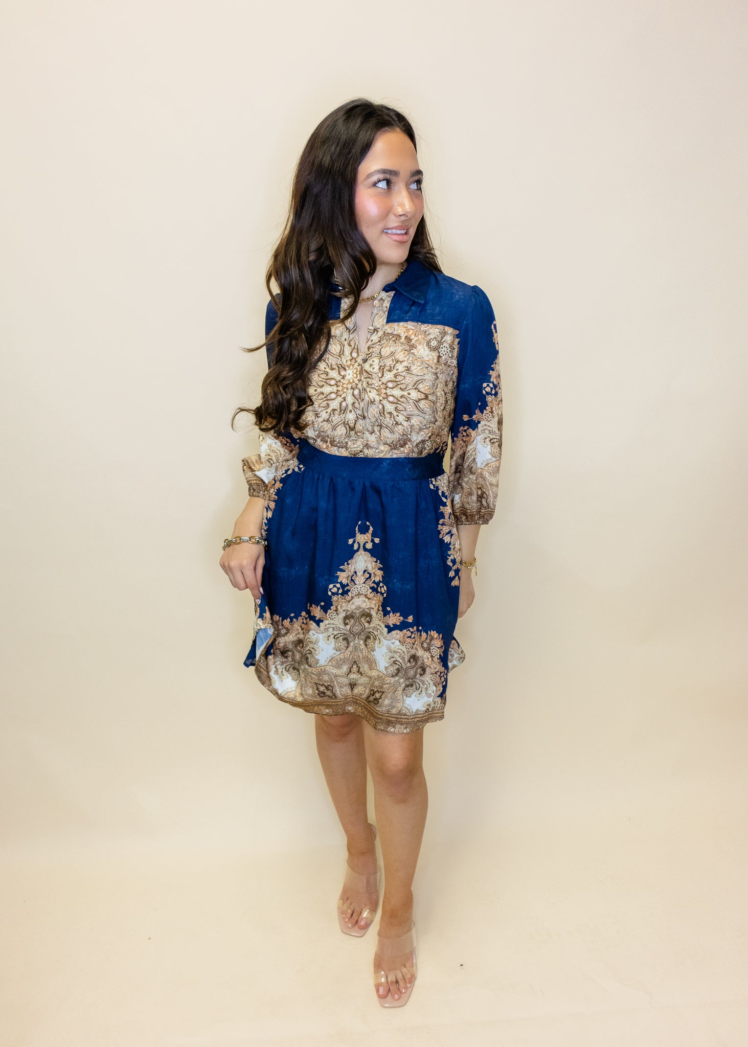 Navy & Taupe Print Satin Dress