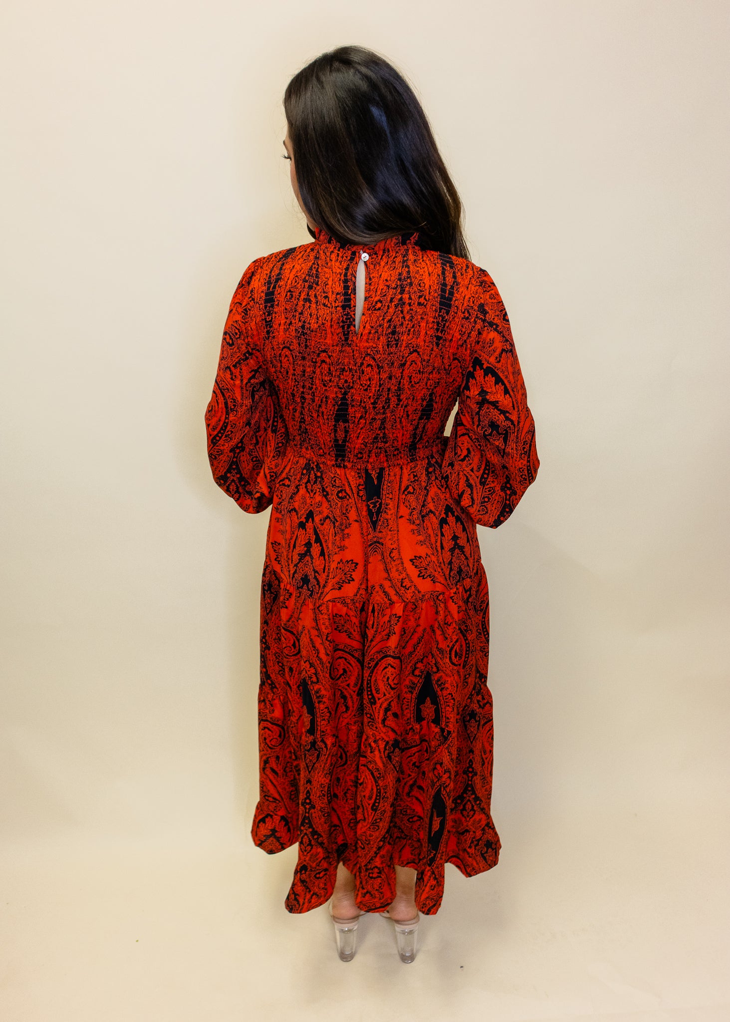 Orange Print Smocked Midi Dress