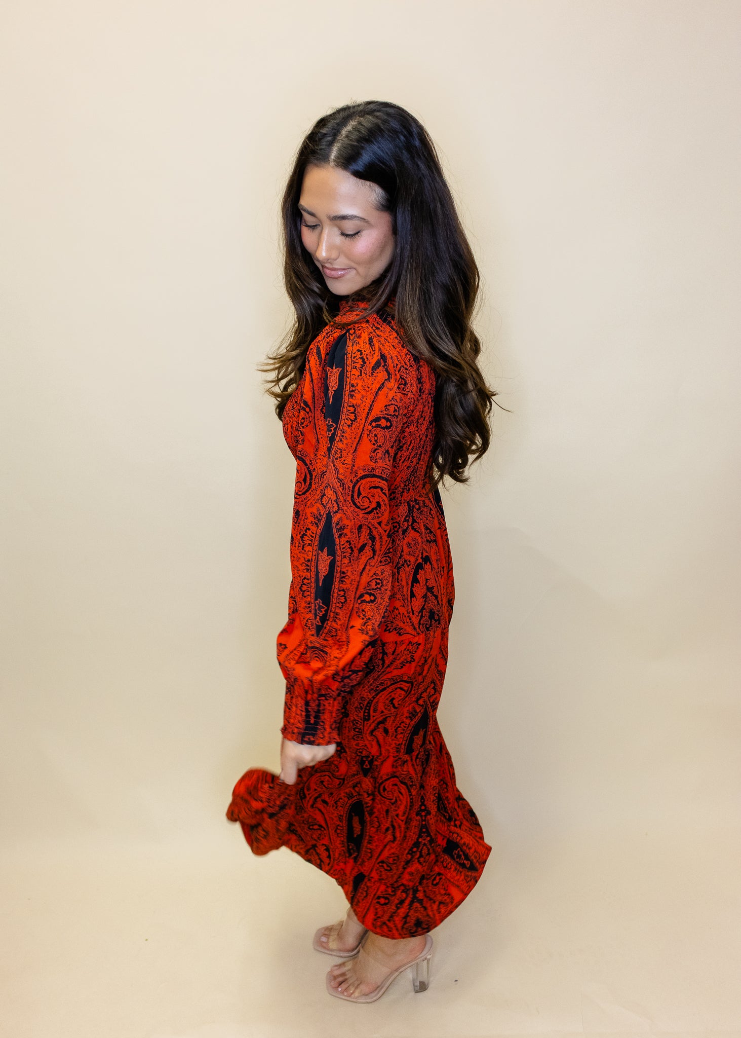 Orange Print Smocked Midi Dress
