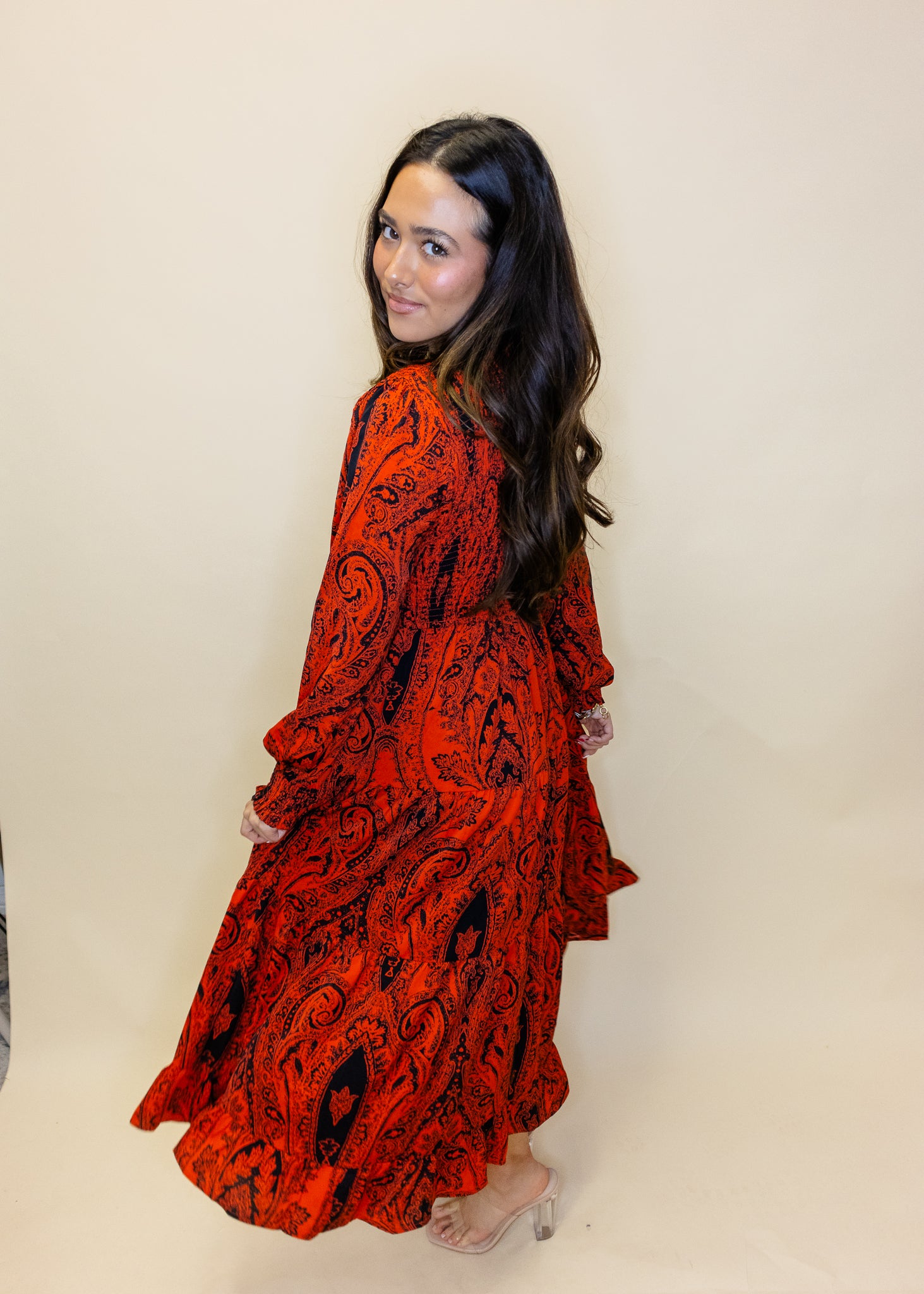 Orange Print Smocked Midi Dress