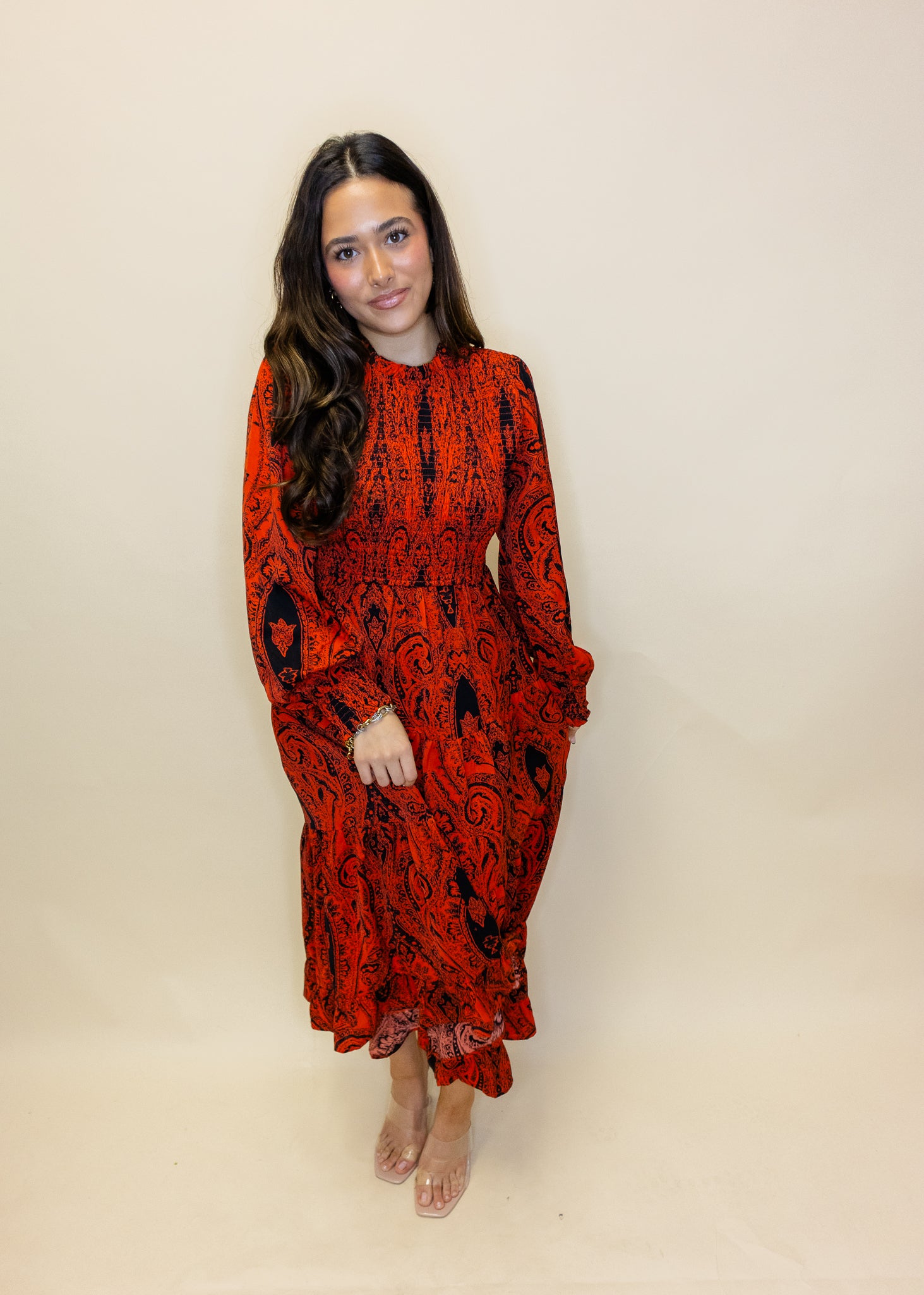 Orange Print Smocked Midi Dress