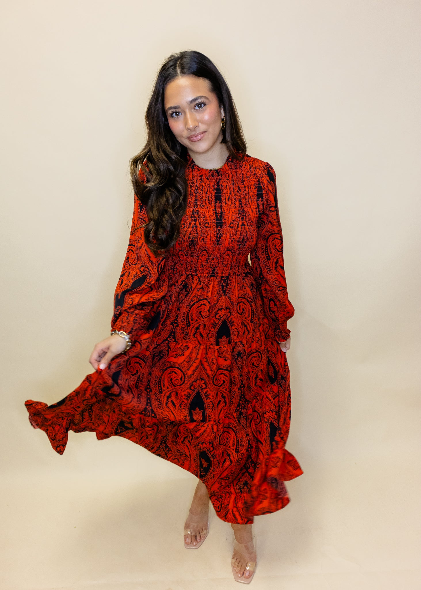Orange Print Smocked Midi Dress