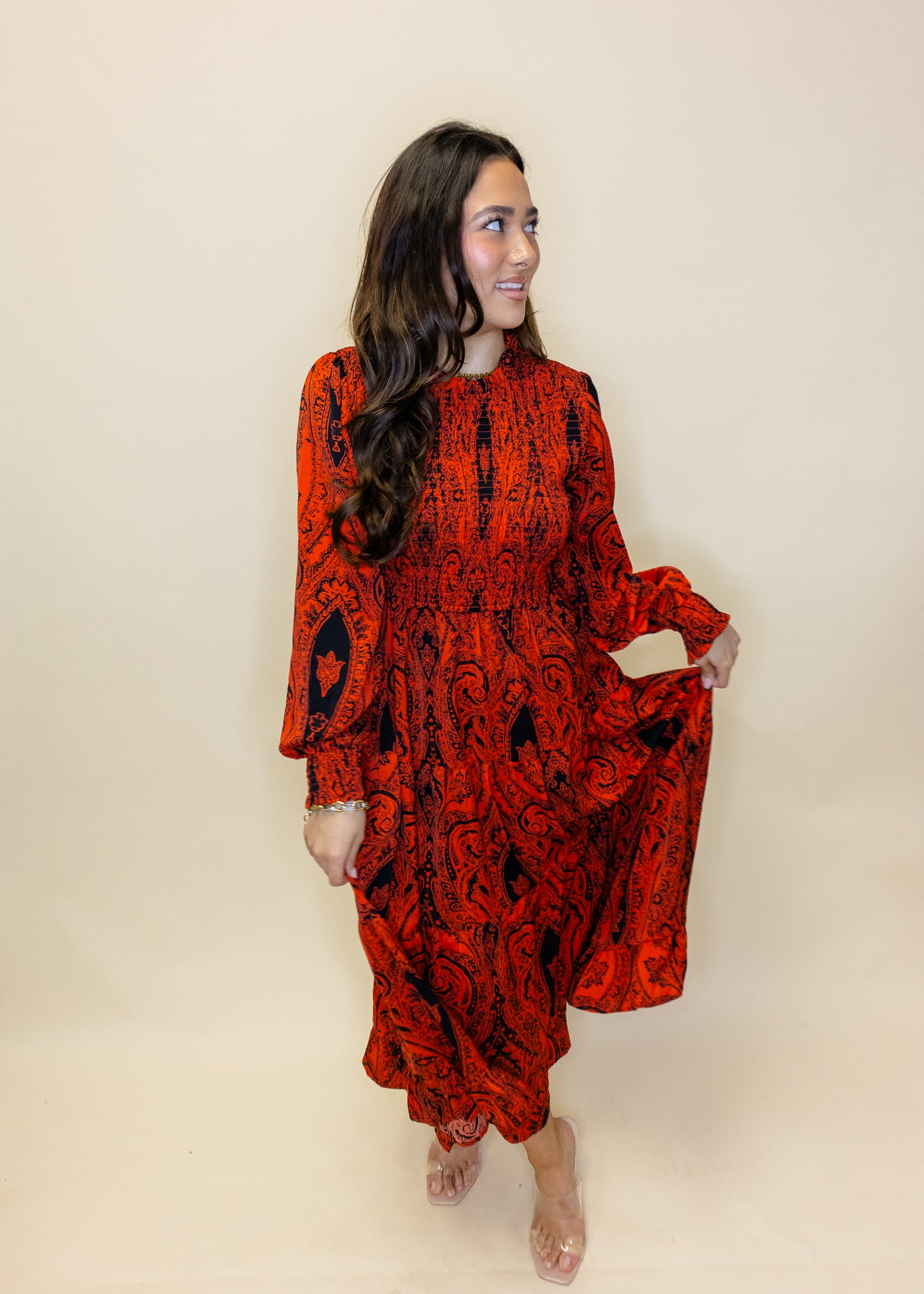 Orange Print Smocked Midi Dress