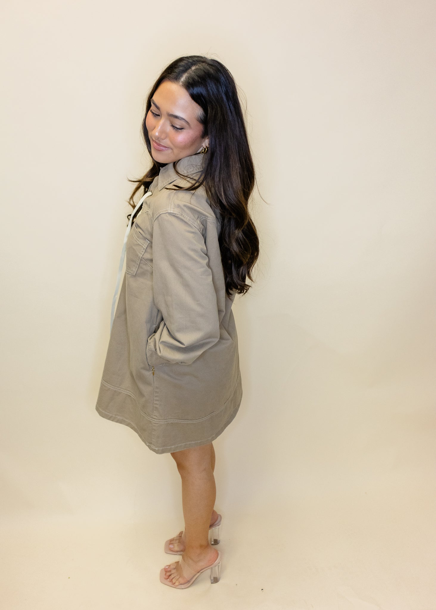 Khaki Lace-Up Denim Dress