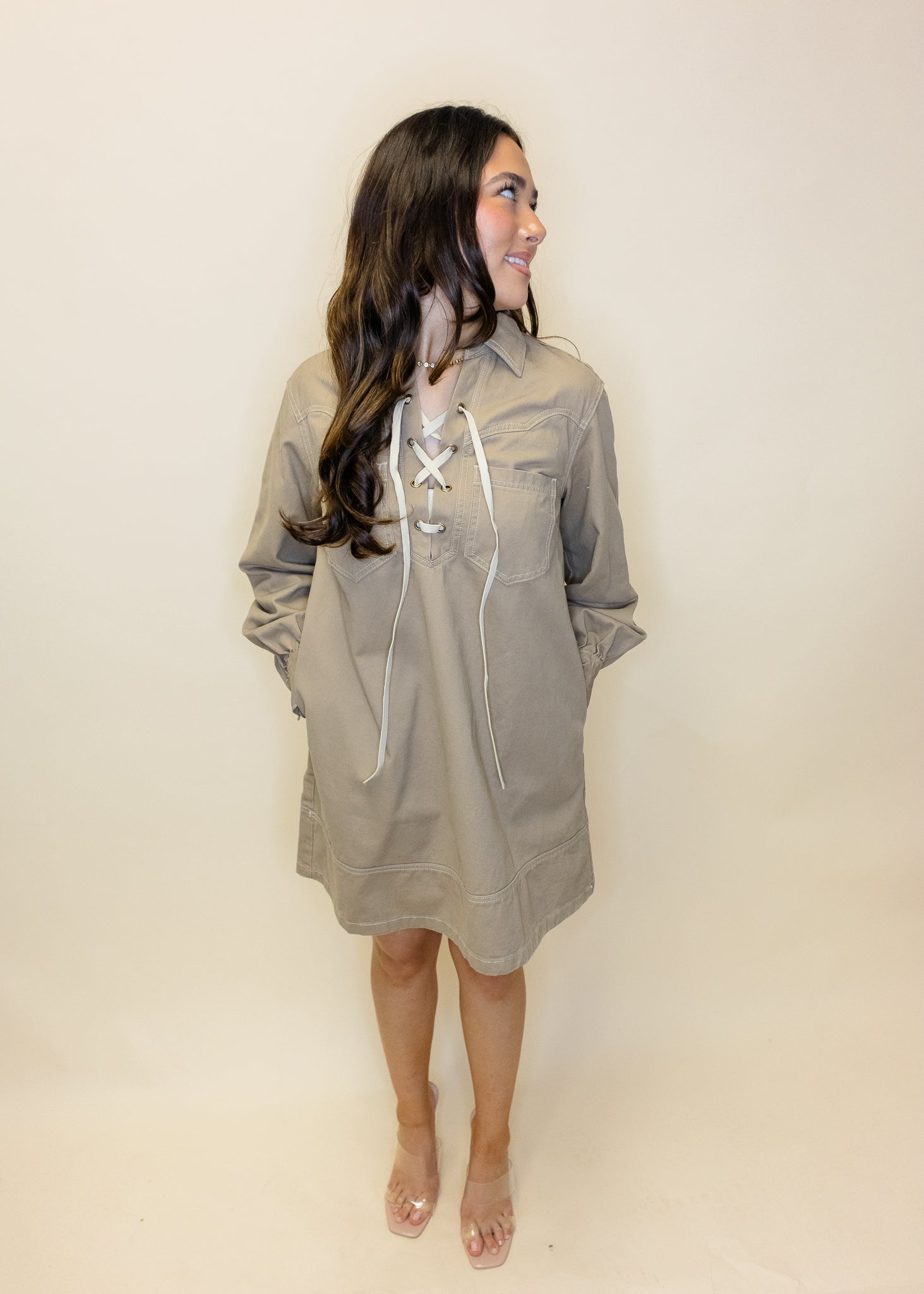 Khaki Lace-Up Denim Dress