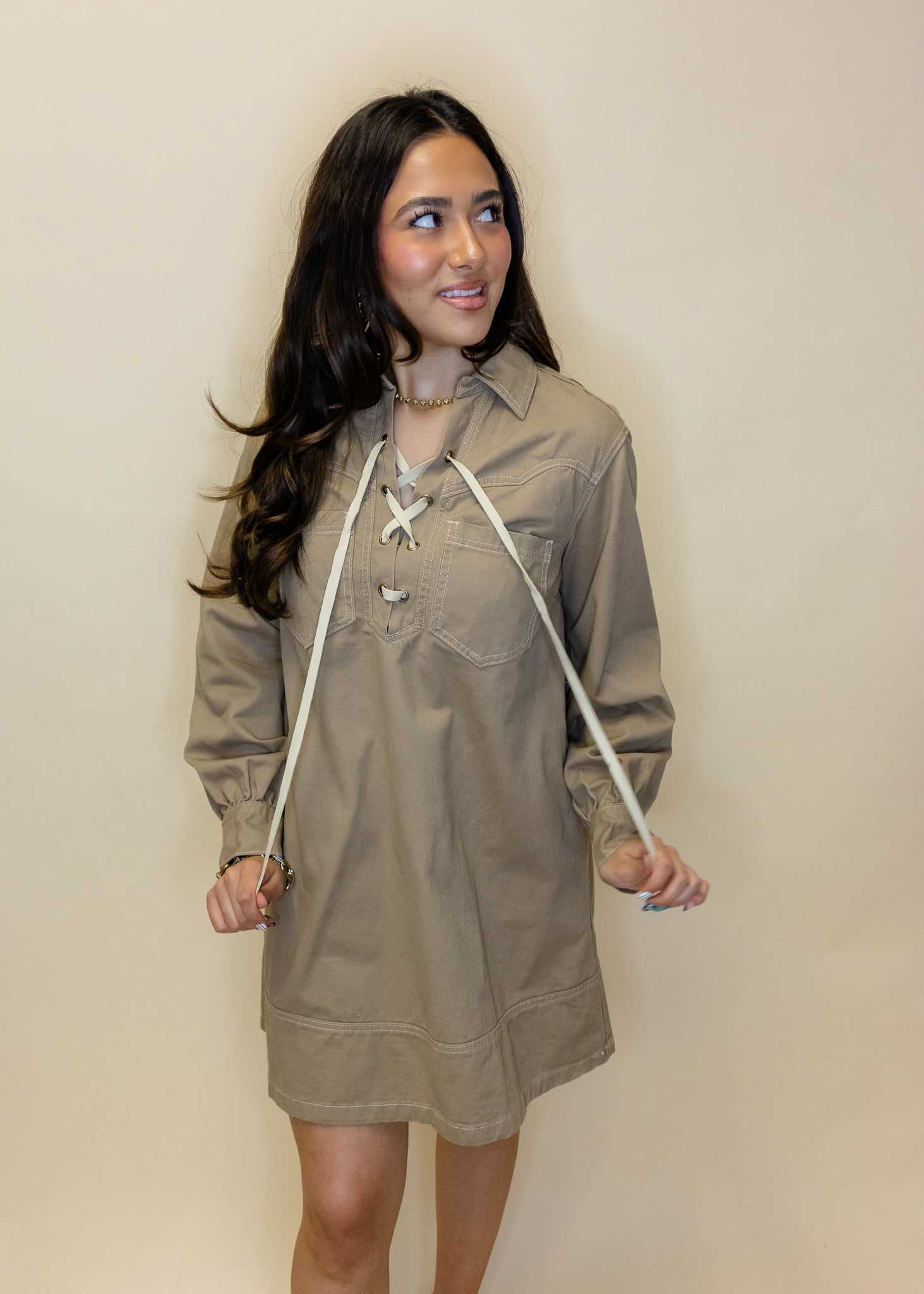 Khaki Lace-Up Denim Dress