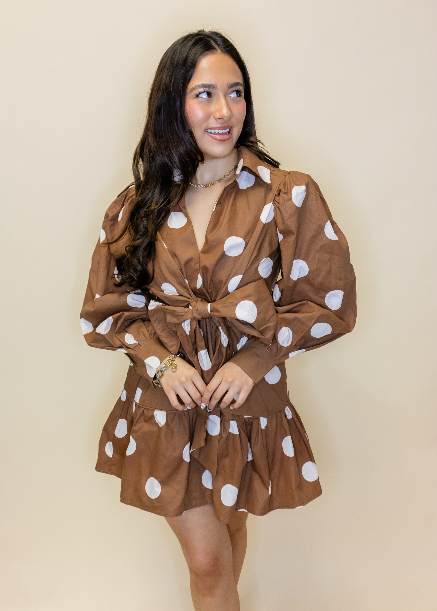 Brown Polka Dot Bow Front Mini Dress