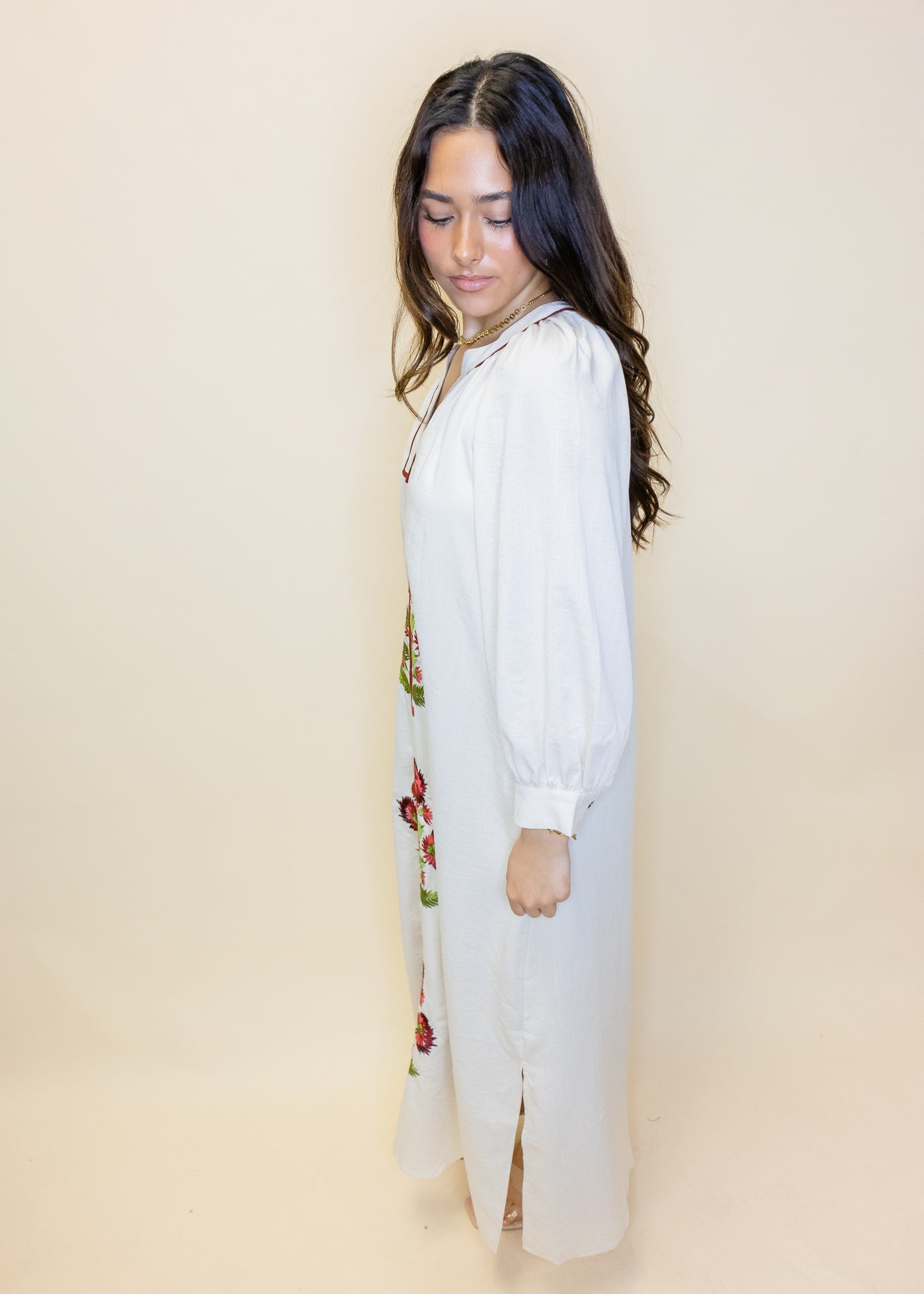 Ecru Floral Embroidered Maxi Dress