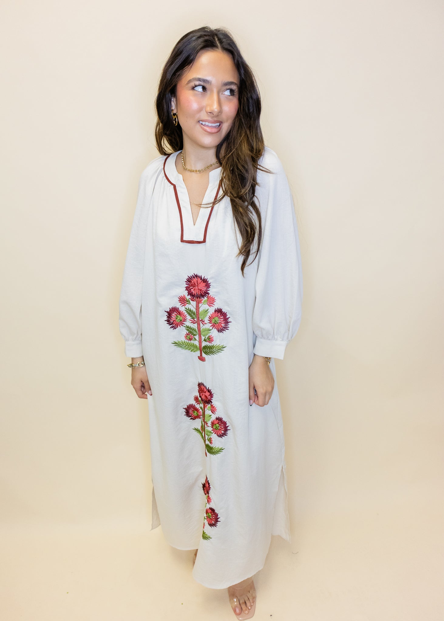 Ecru Floral Embroidered Maxi Dress
