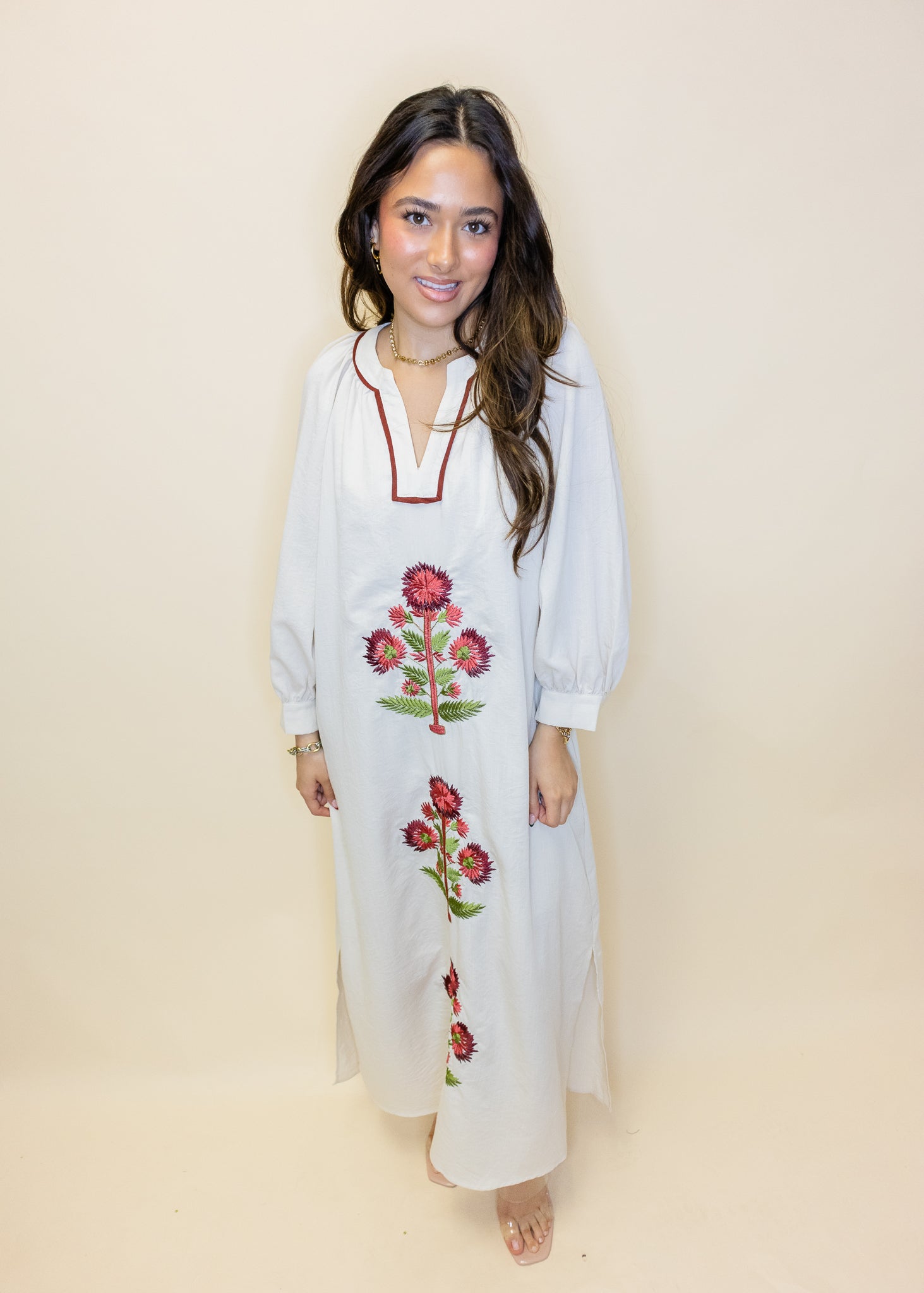 Ecru Floral Embroidered Maxi Dress
