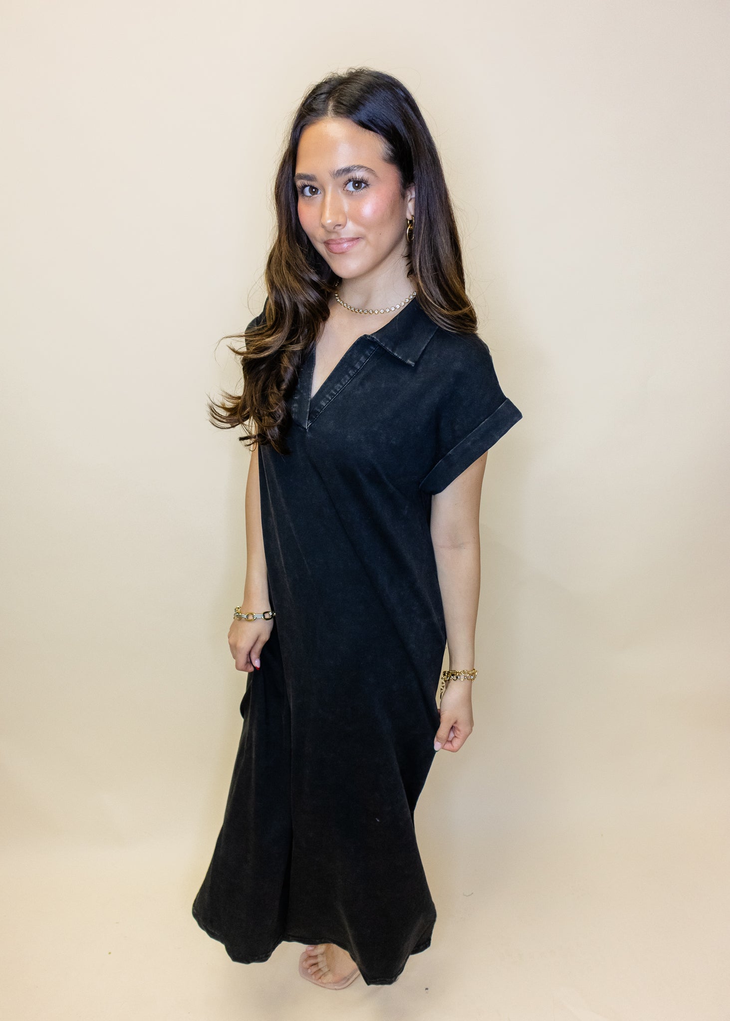Black Washed Pocket Midi Dress