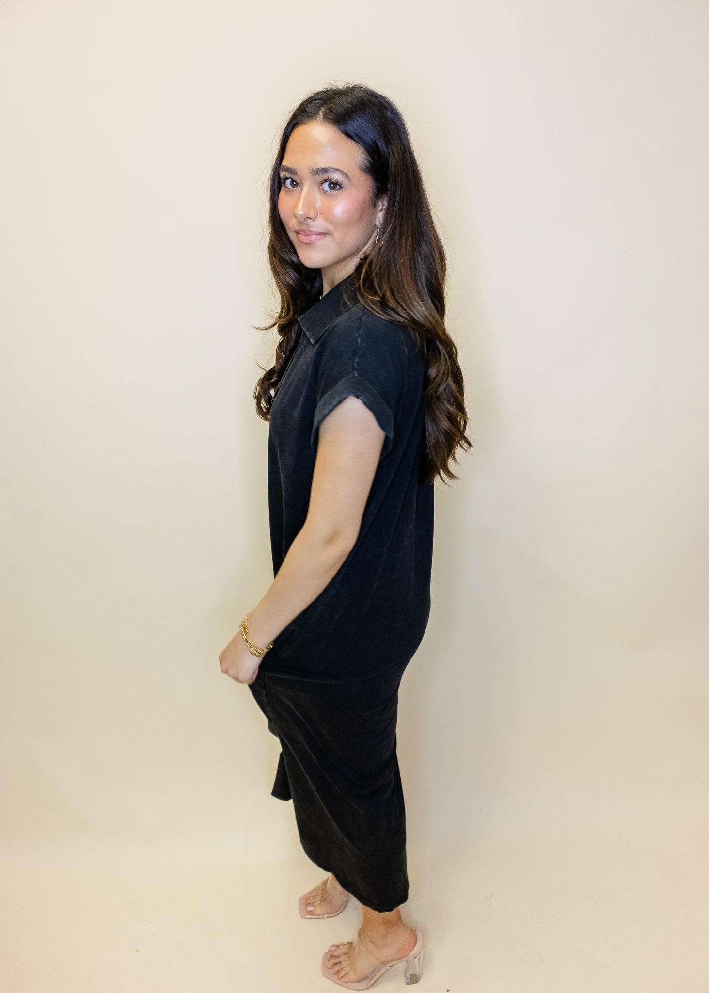 Black Washed Pocket Midi Dress