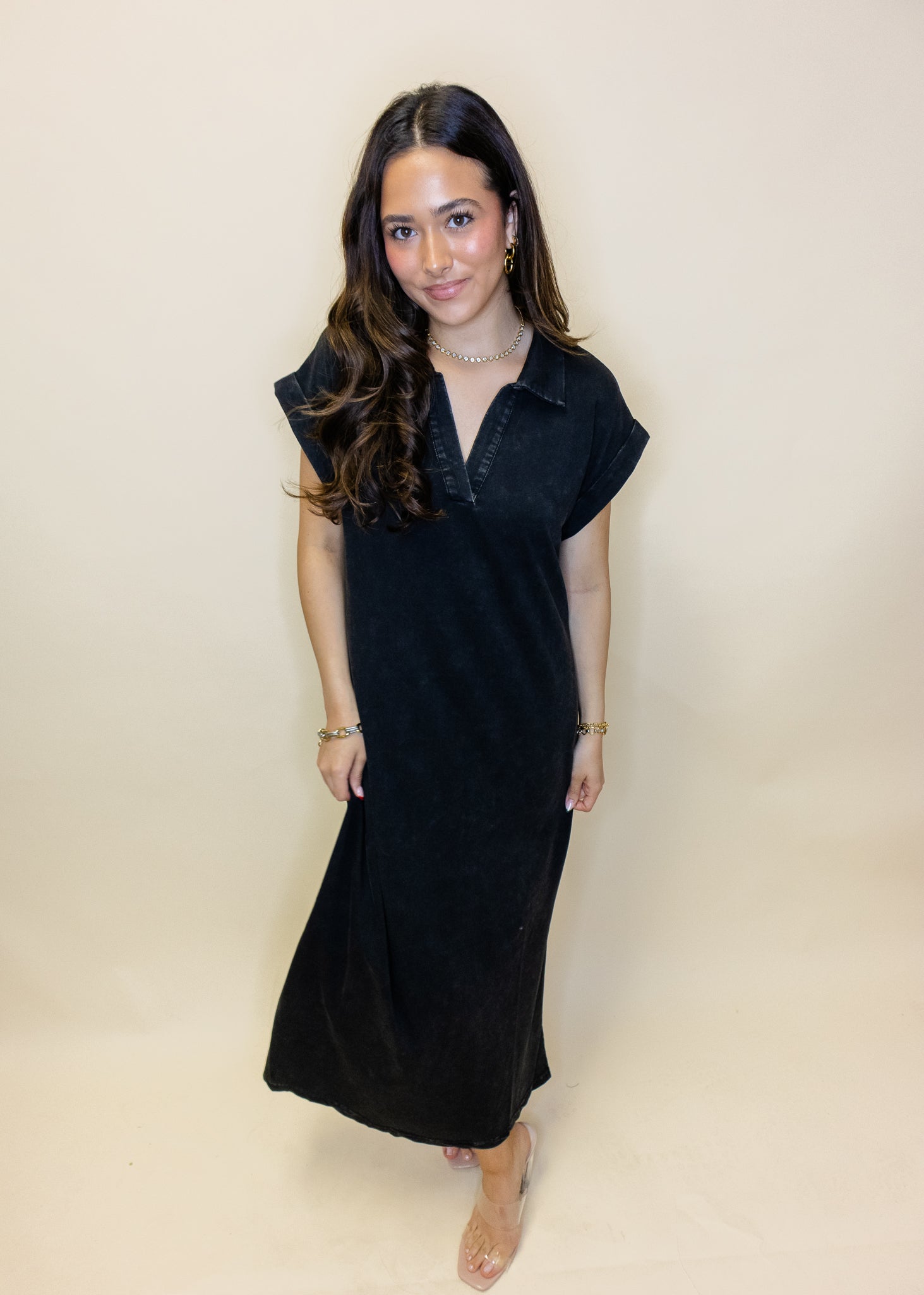 Black Washed Pocket Midi Dress