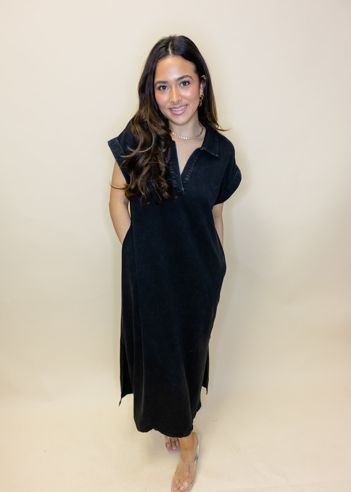 Black Washed Pocket Midi Dress