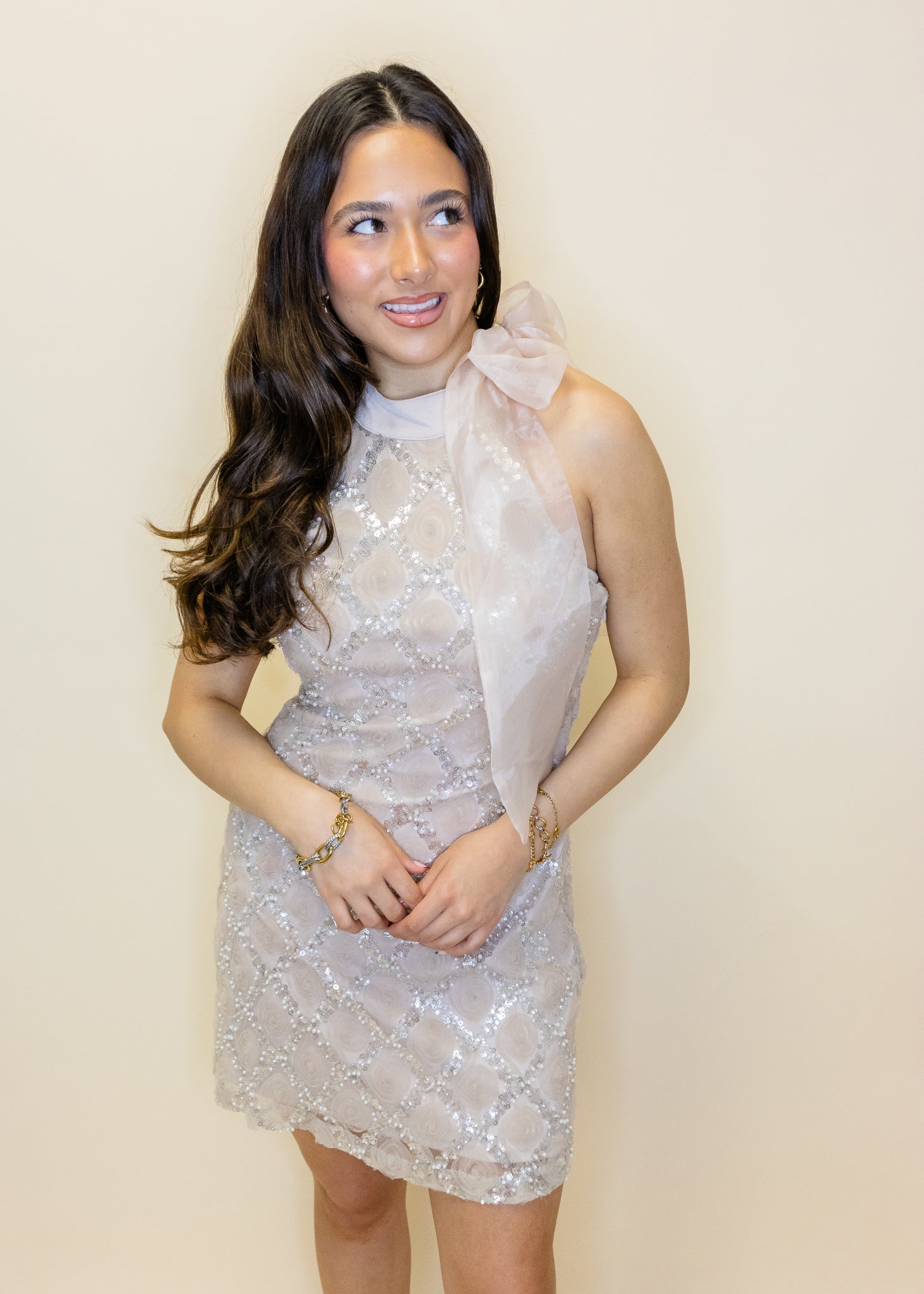 Beige Rosette Organza Bow Dress