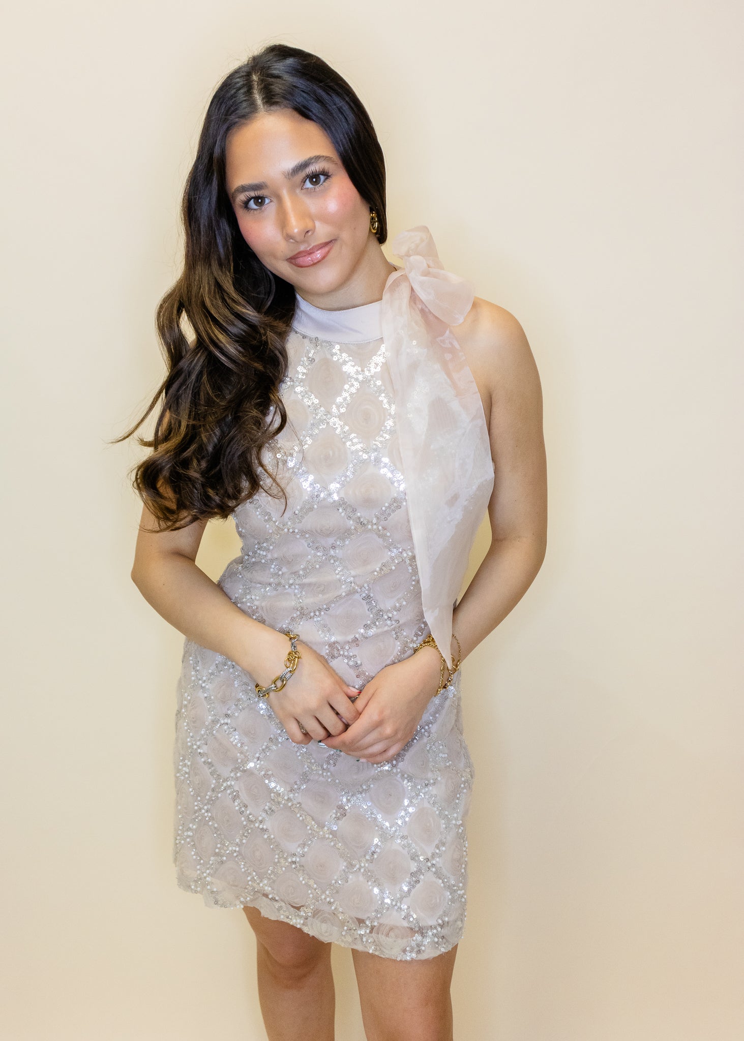 Beige Rosette Organza Bow Dress