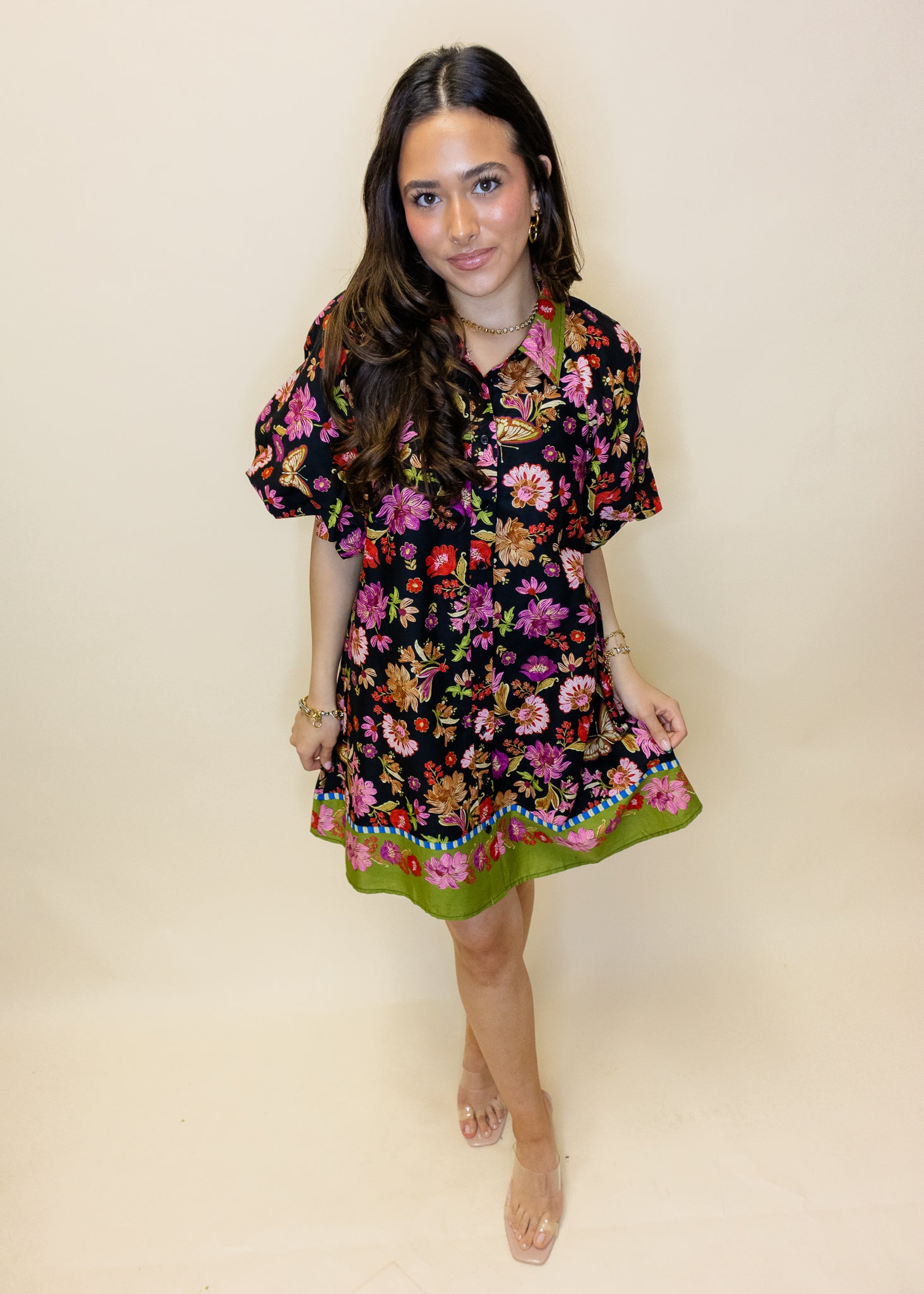 Black Floral Border Print Dress