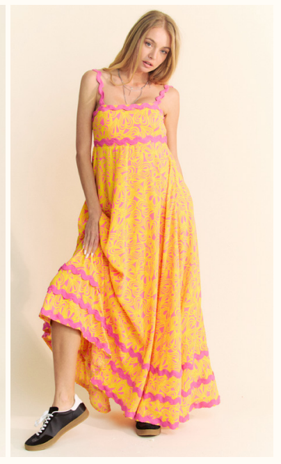 Yellow Print Ric Rac Maxi Dress
