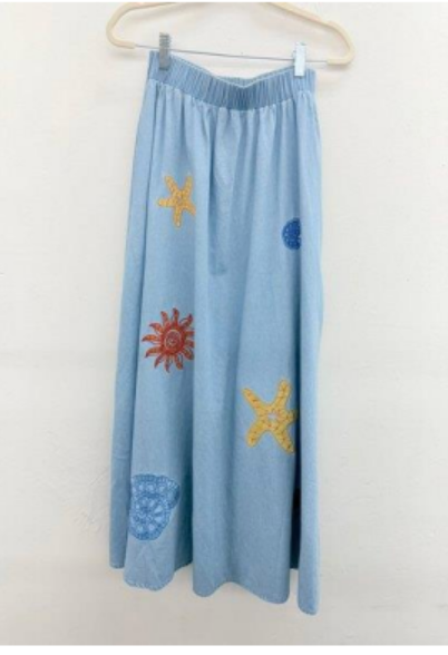 Denim Sea Life Embroidery Skirt Set