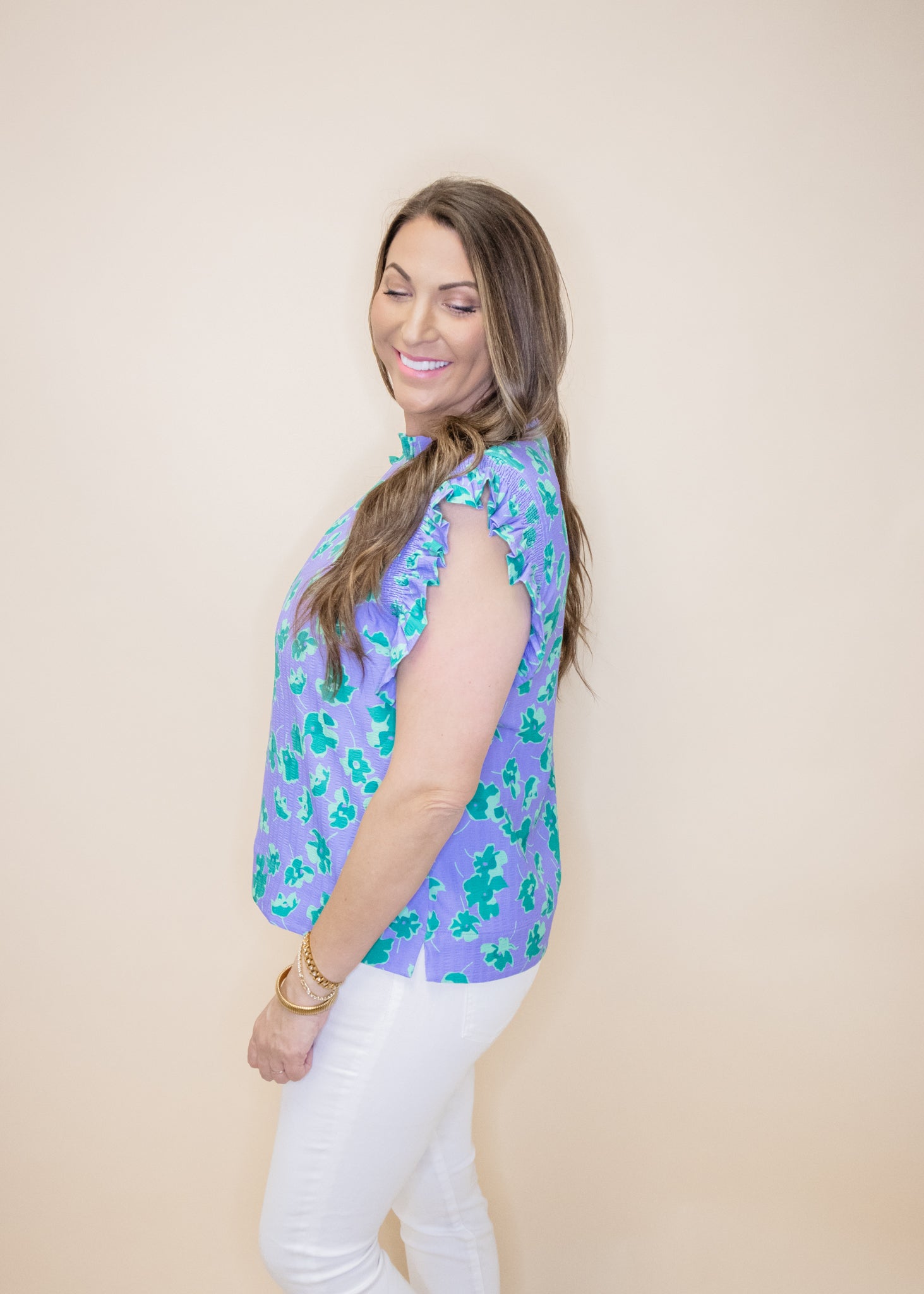 Purple Floral Frill Sleeve Top