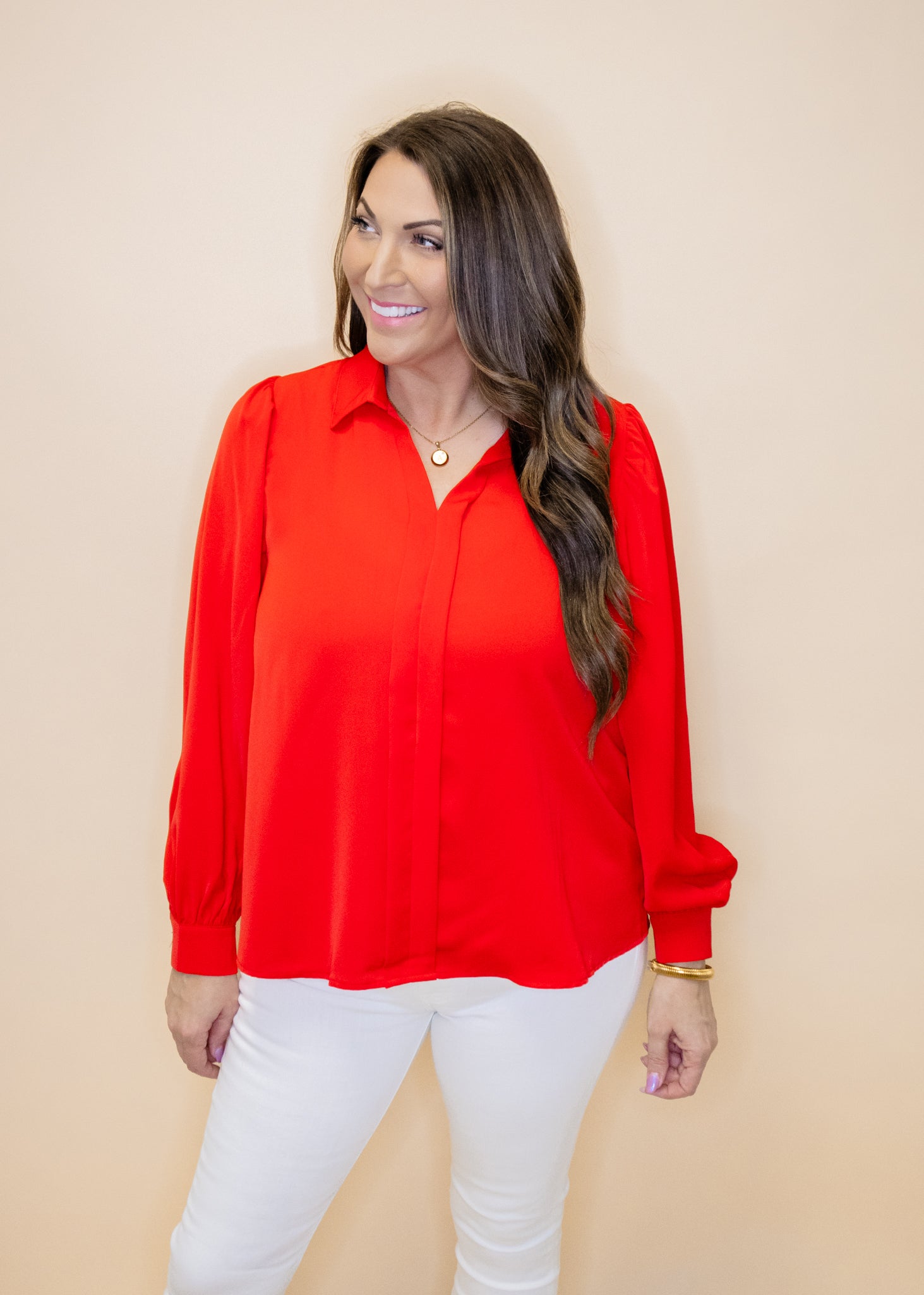 Red Solid Peasant Collar Top