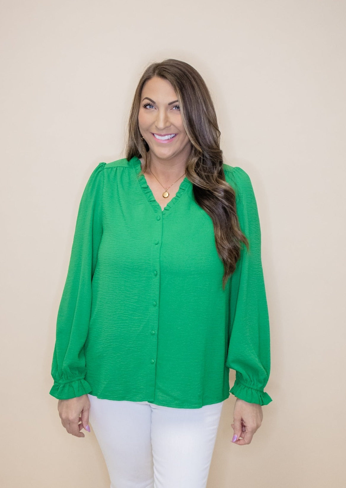 Green Frilled Button Up Top