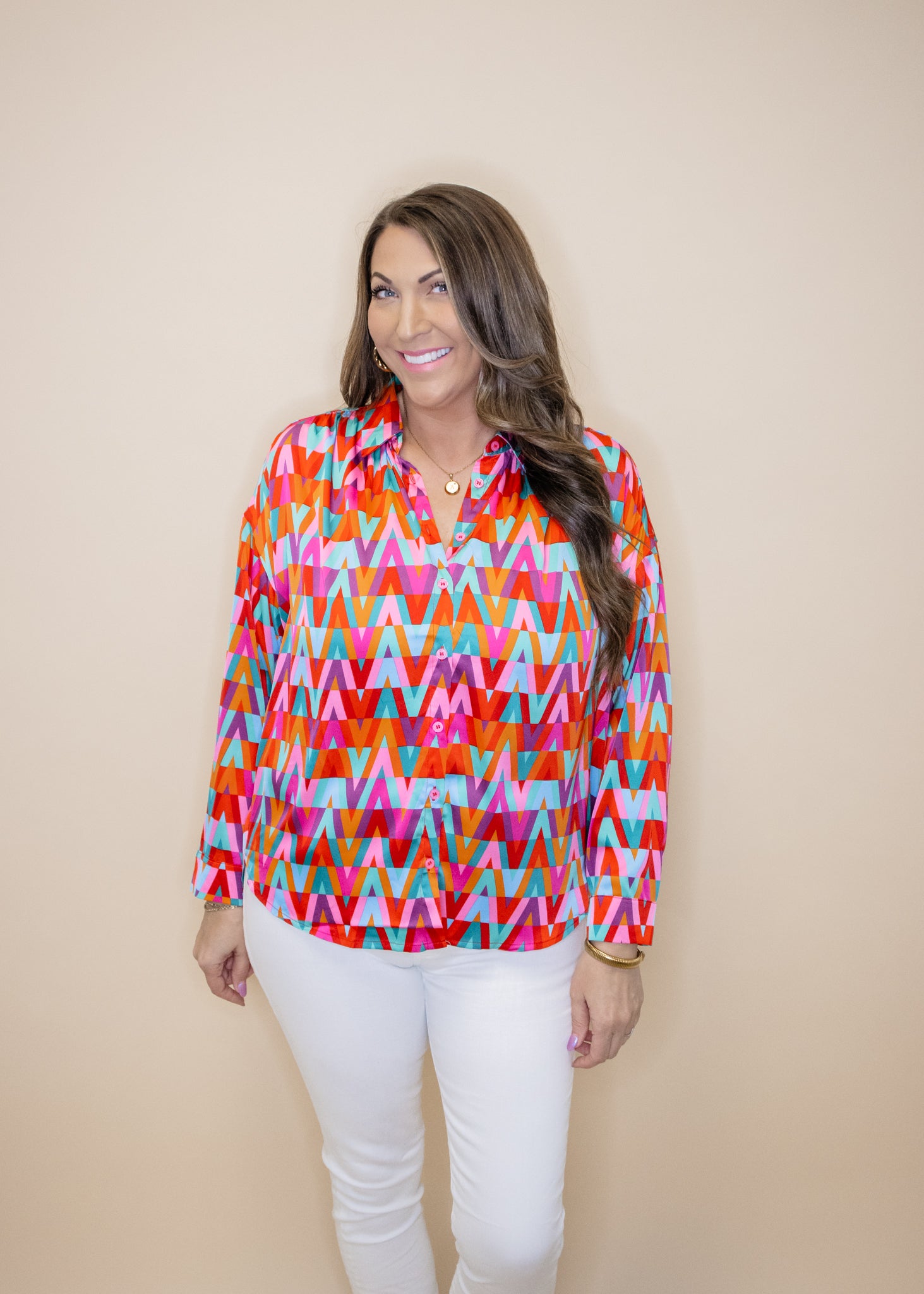 Bright Print Button Up Top