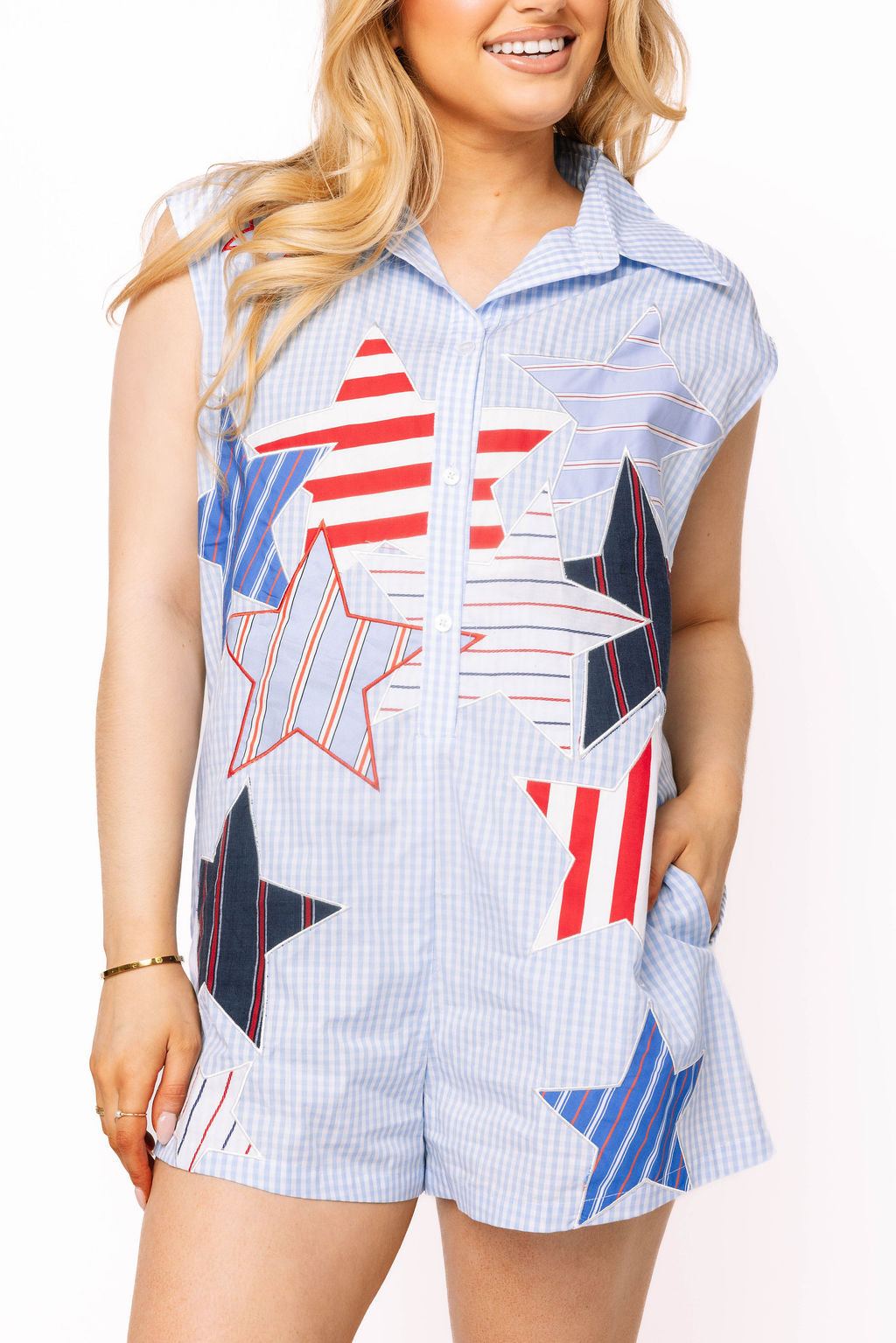 Blue & White Gingham USA Stripe Patch Stars Romper