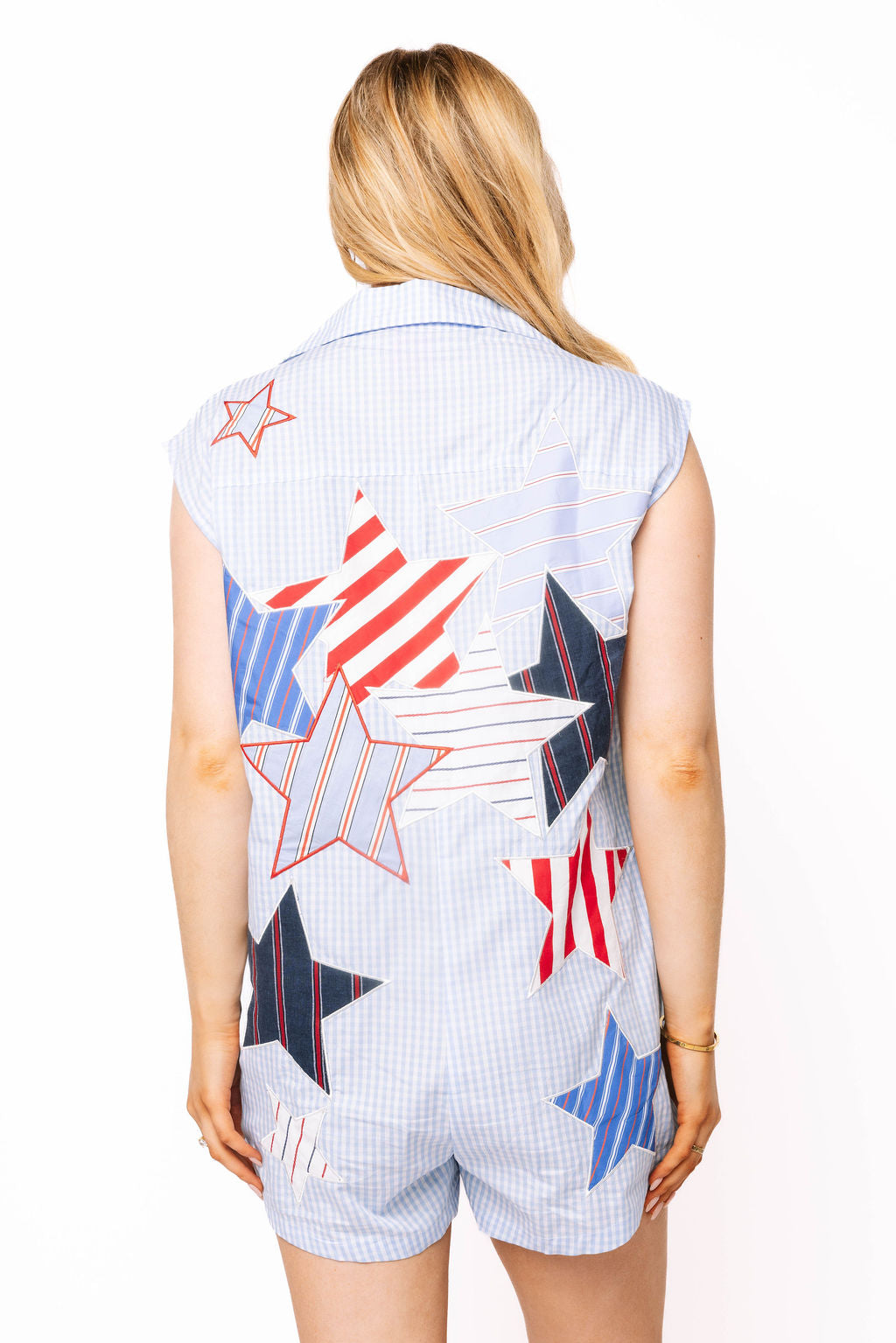 Blue & White Gingham USA Stripe Patch Stars Romper