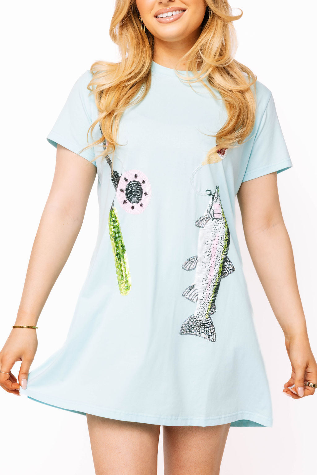 Blue Fish on Fishing Rod Tee Dress